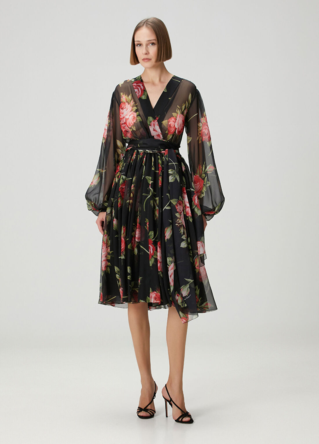 Dolce&Gabbana Siyah Çiçekli Midi İpek Şifon Elbise
