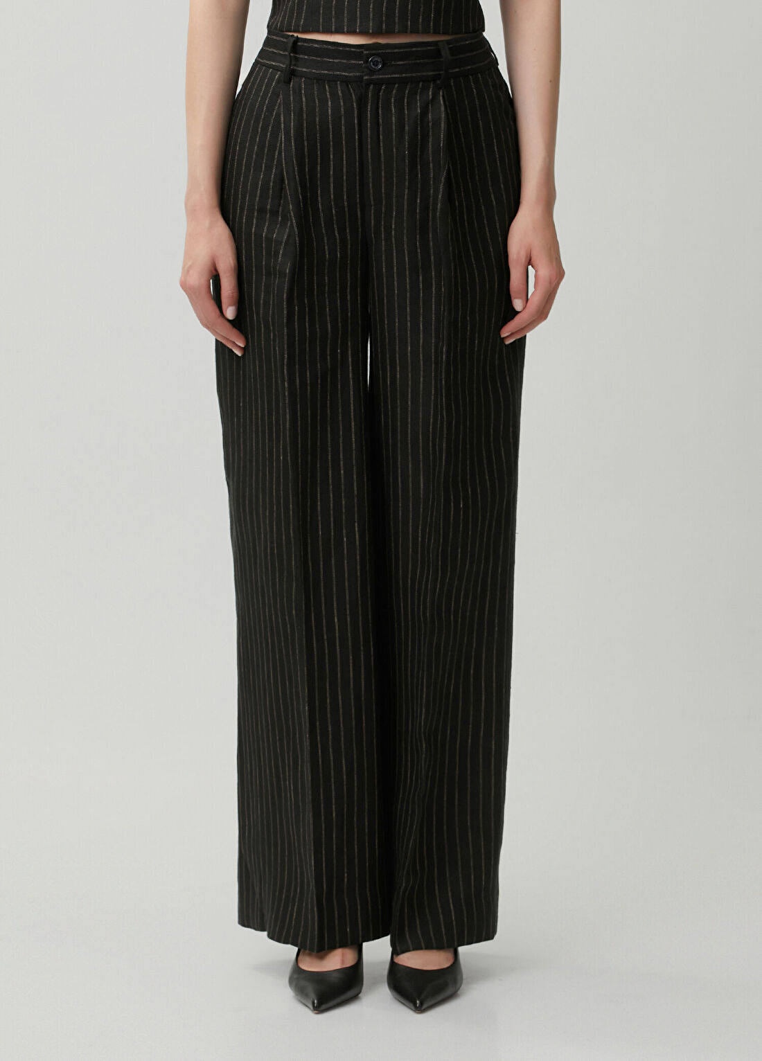 Lauren Ralph Lauren Siyah Çizgili Keten Pantolon görsel 2