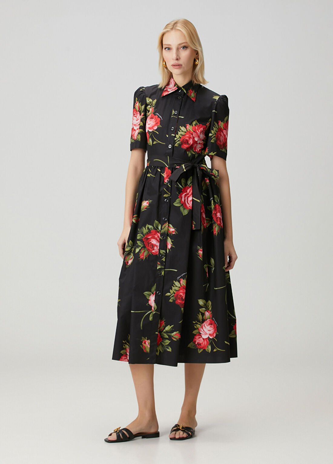 Dolce&Gabbana Siyah Çiçekli Midi Poplin Gömlek Elbise görsel 2