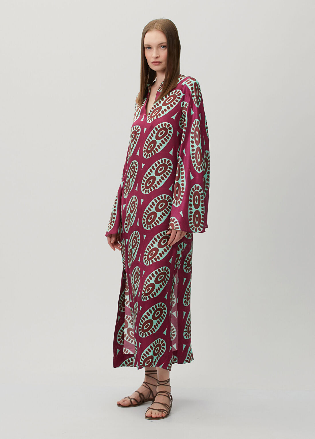 Themisz Selene Fuşya Fuşya Maksi İpek Kaftan Elbise görsel 2
