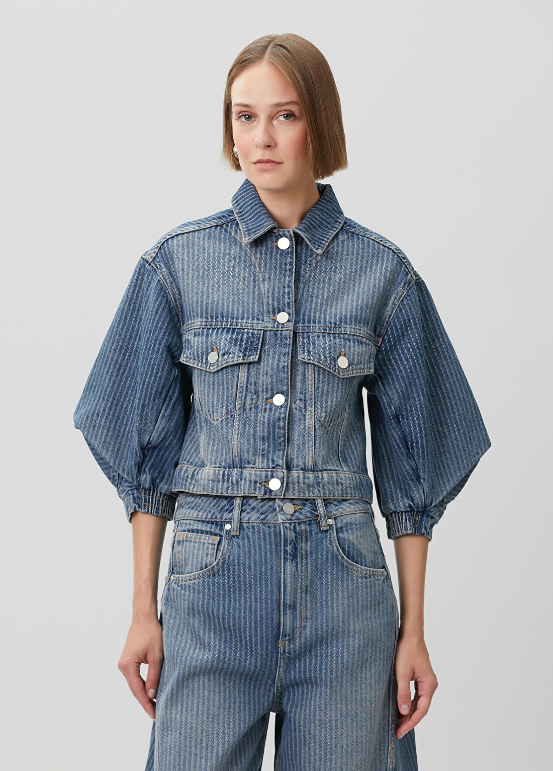AllSaints Luca Mavi Çizgili Crop Denim Ceket