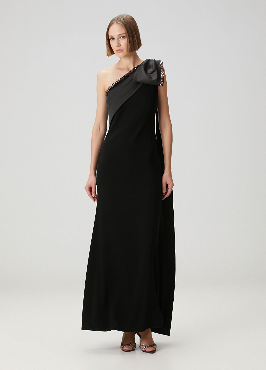 Roland Mouret Siyah Maksi Saten Krep Abiye Elbise görsel 3