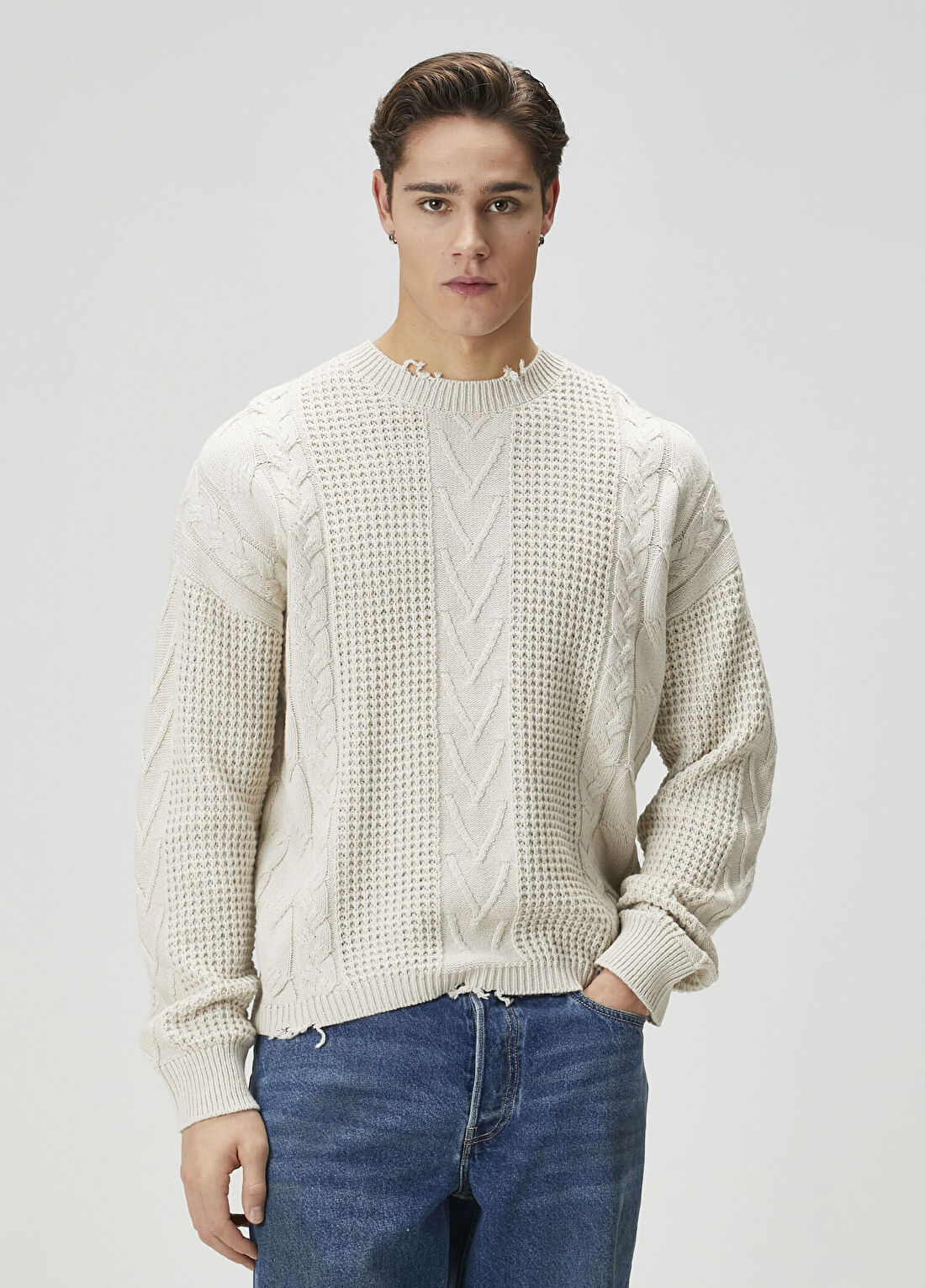 AllSaints Tenter Ekru Örgü Dokulu Yün Kazak
