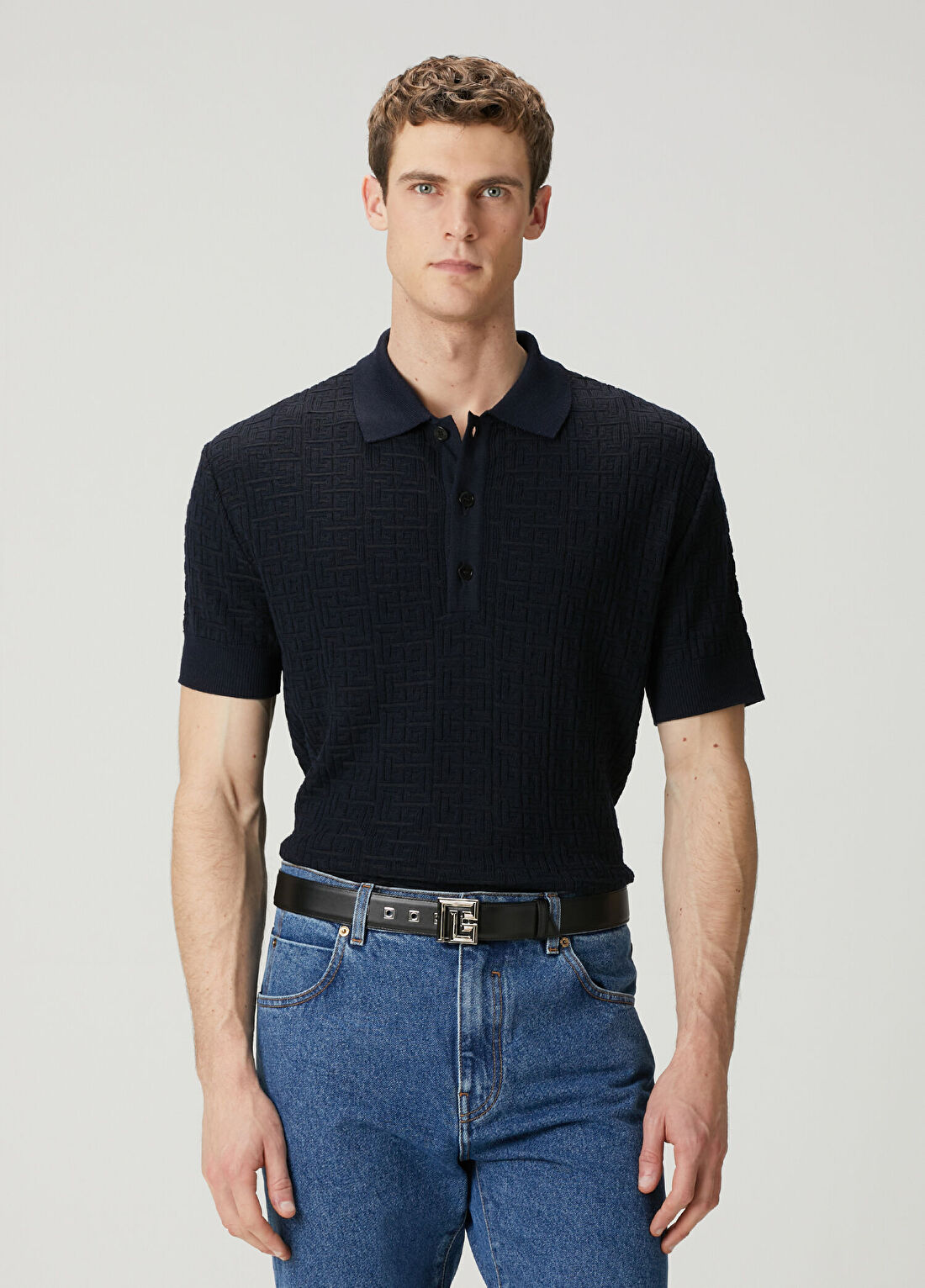 Balmain Lacivert Polo Yaka Logo Jakarlı Yün Triko