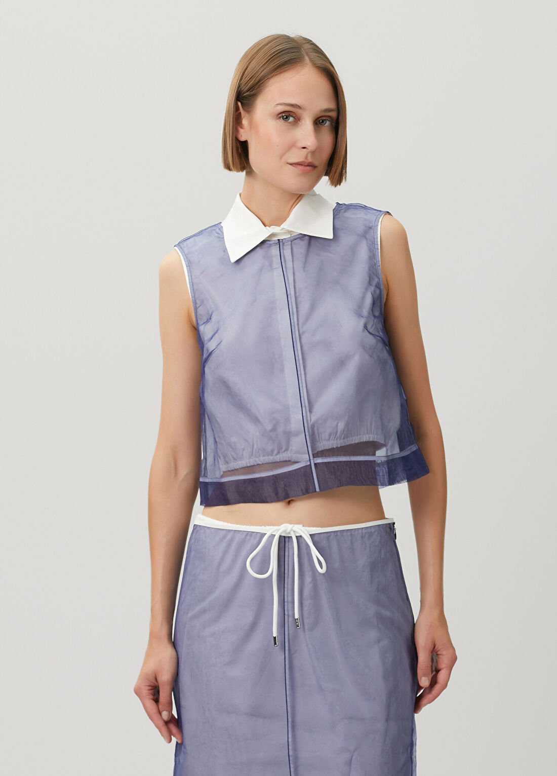 Maje Liganza Mavi Beyaz Organza Bluz