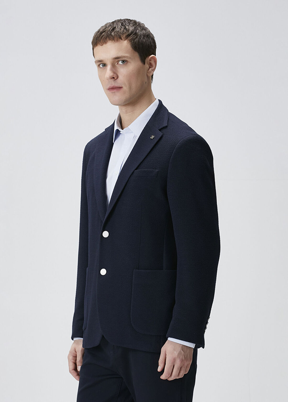 Network Lacivert Slim Fit Gofre Desen Örme Ceket görsel 4