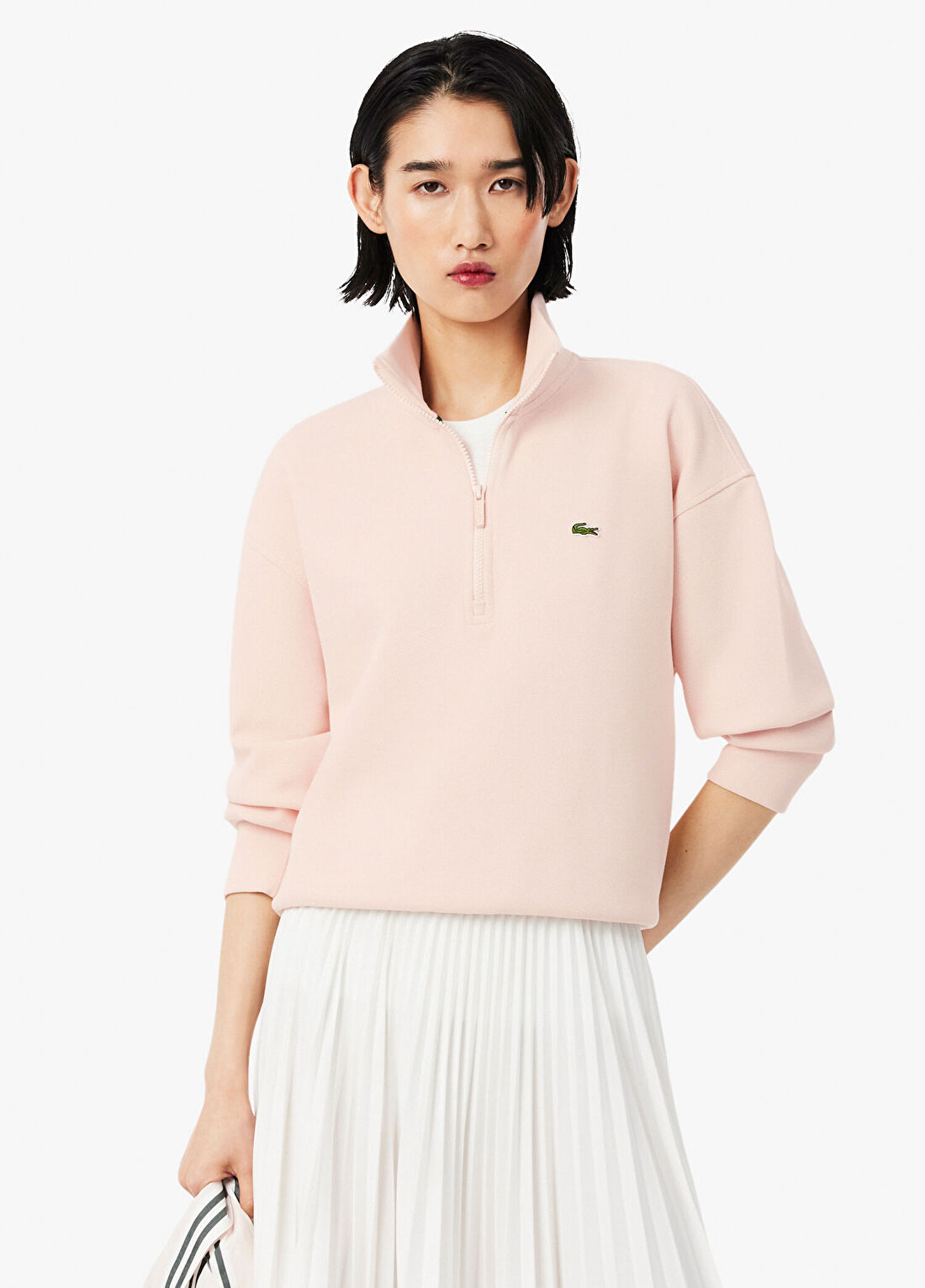 Lacoste Açık Pembe Relaxed Fit Yarım Fermuarlı Uzun Kollu Kadın Sweatshirt