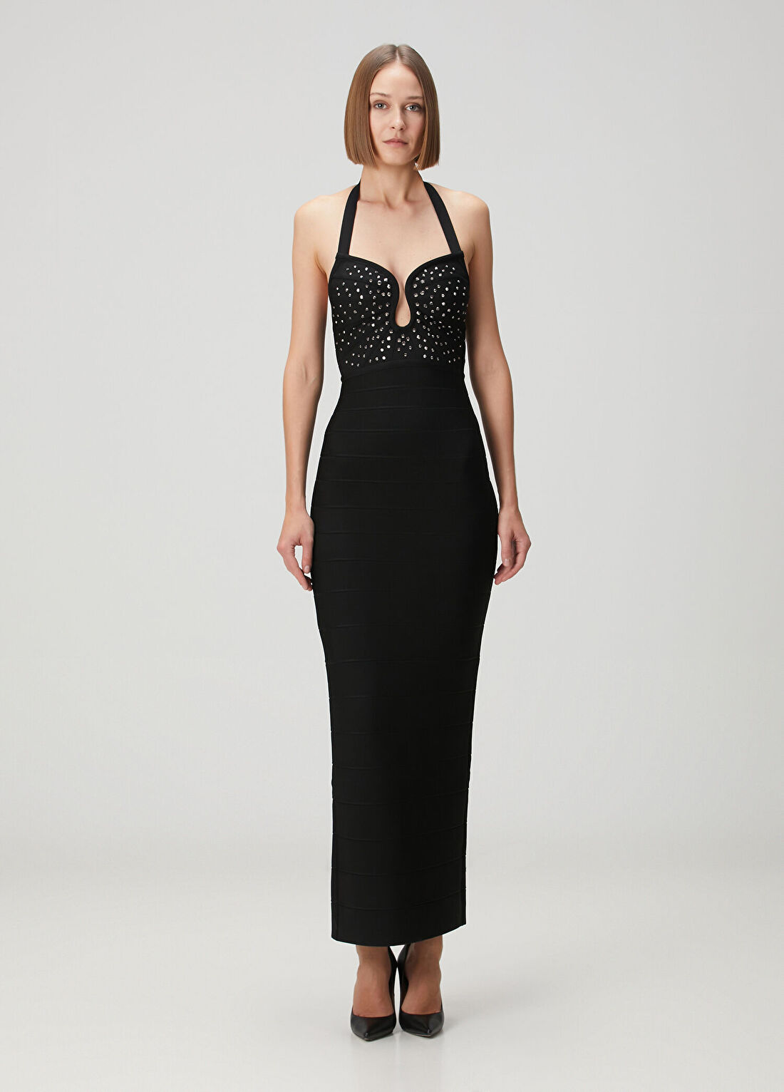 Herve Leger The Reina Siyah İşlemeli Maksi Abiye Elbise