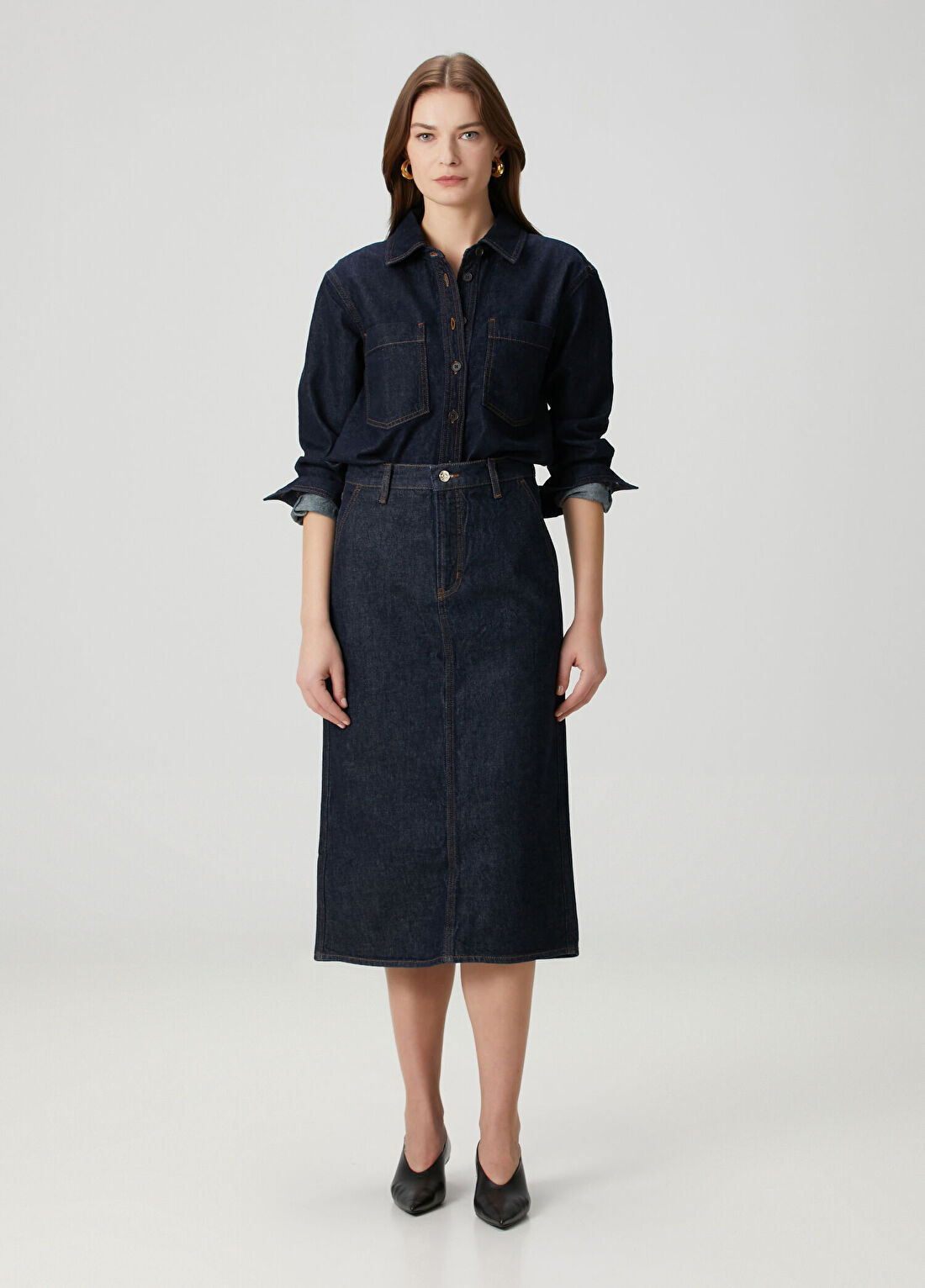 Frame Denim Koyu Lacivert Midi Denim Etek