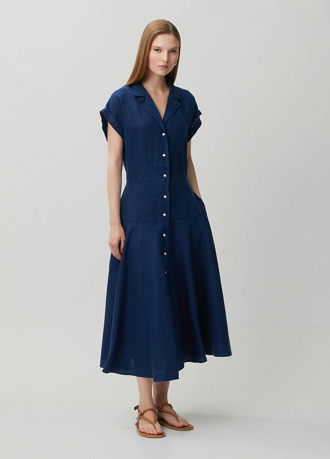 Polo Ralph Lauren Lacivert Midi Keten Elbise