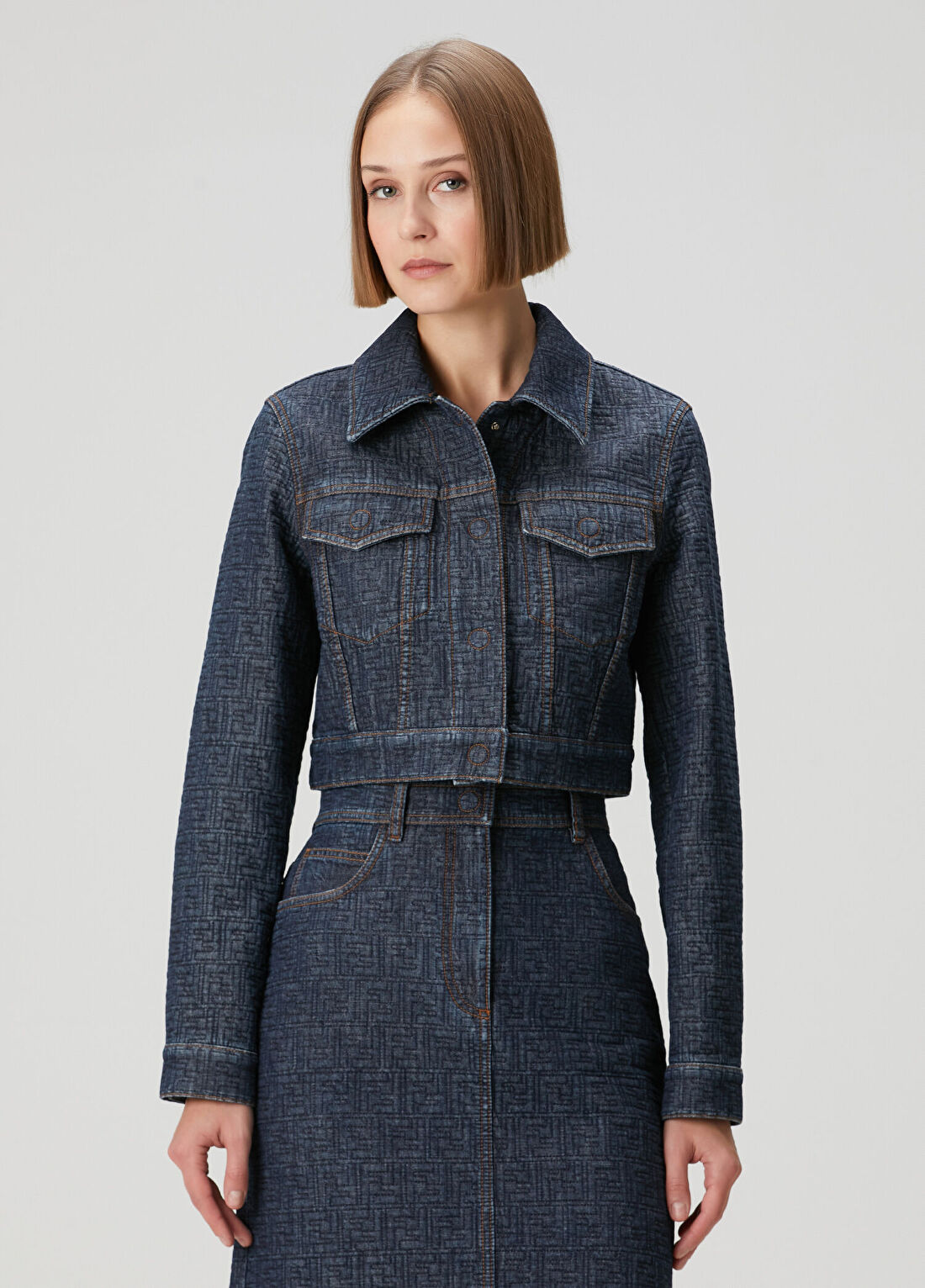 Fendi Lacivert Crop Denim Ceket