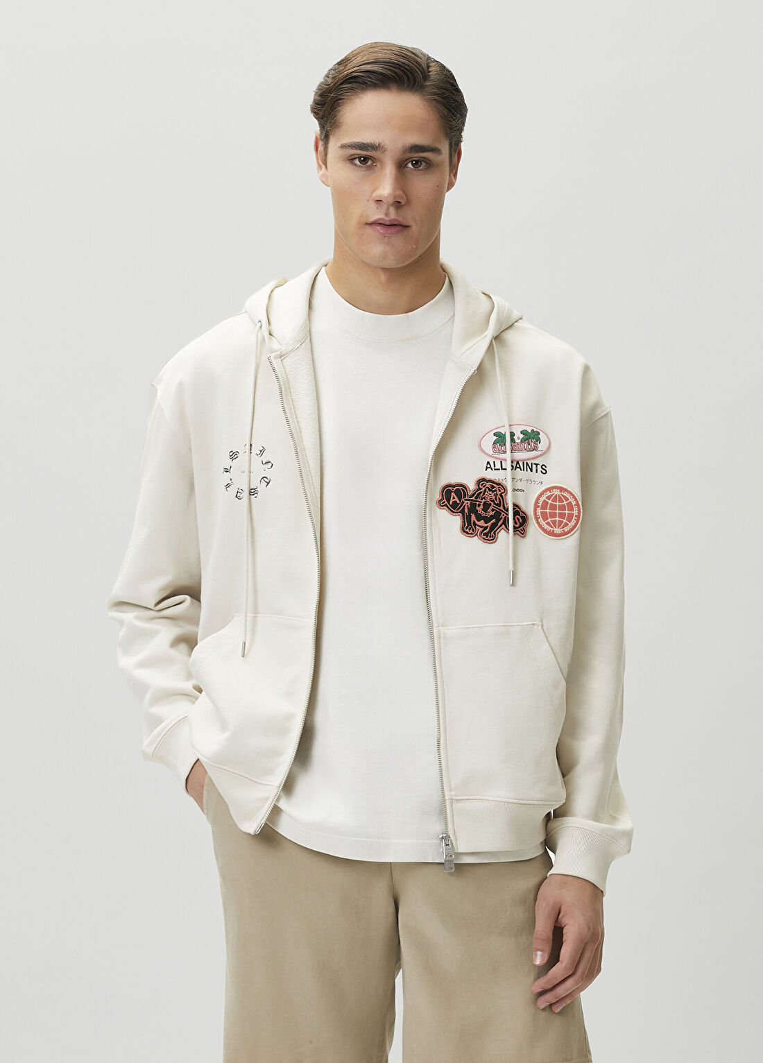 AllSaints Patcher Krem Kapüşonlu Sweatshirt