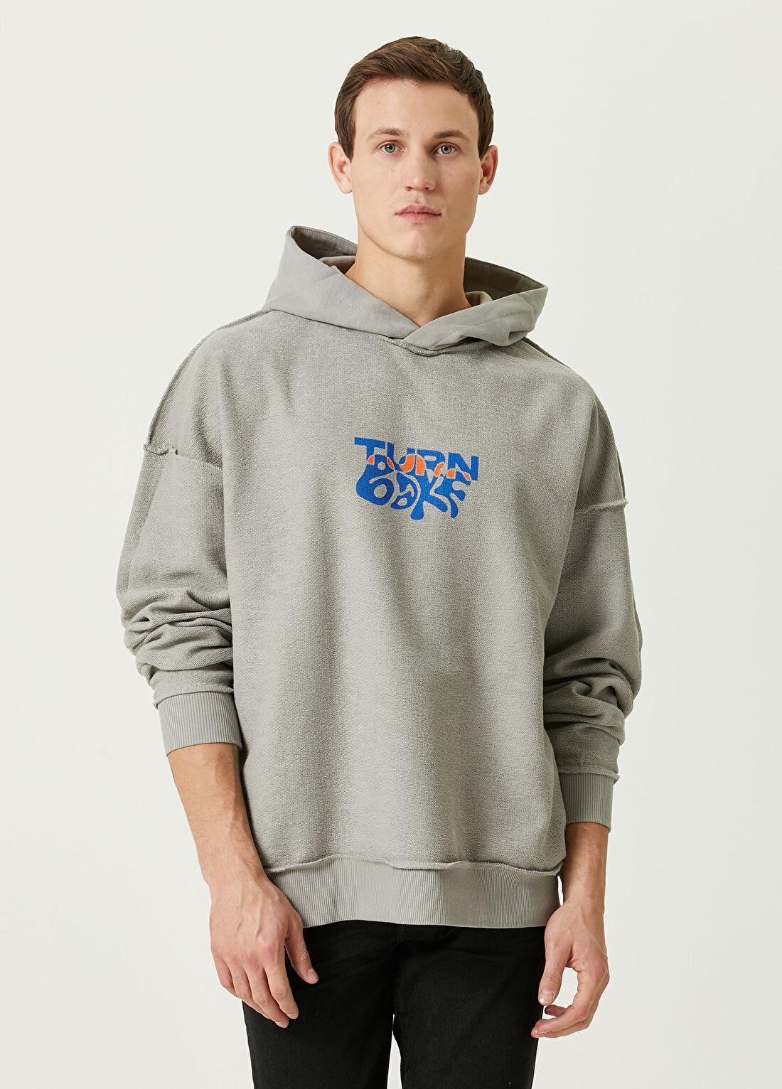 Turn & Bake Gri Logo Baskılı Kapüşonlu Erkek Sweatshirt