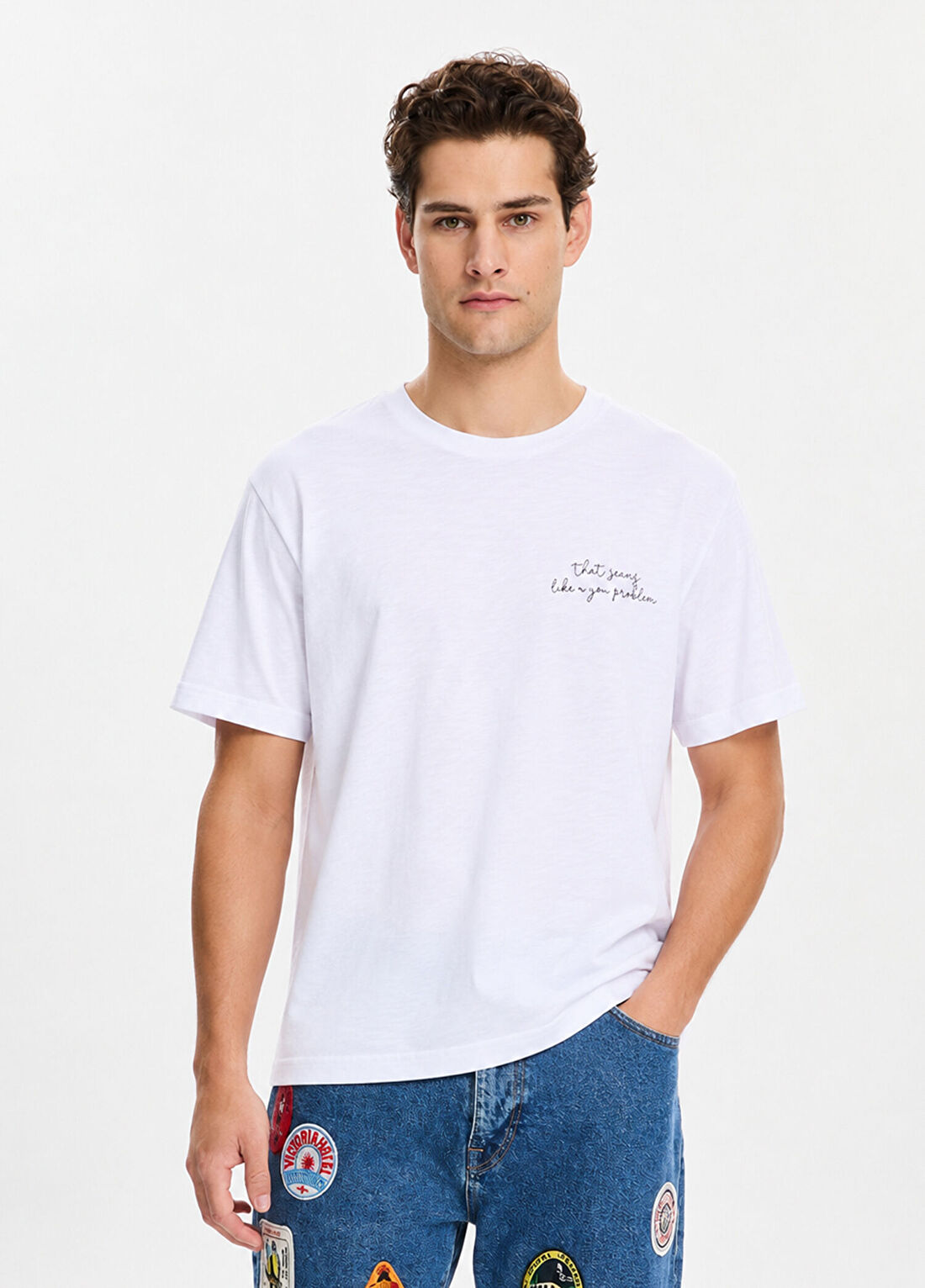 Bassigue You Problem Baskılı Beyaz Pamuklu Kısa Kollu Erkek T-Shirt görsel 3