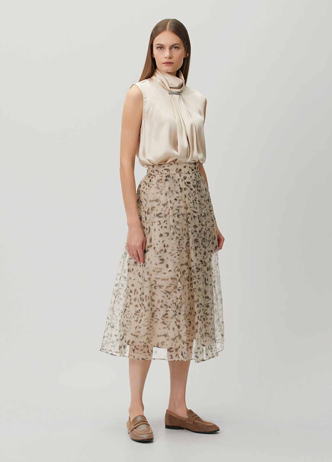 Brunello Cucinelli Bej Leopar Desenli Midi İpek Etek