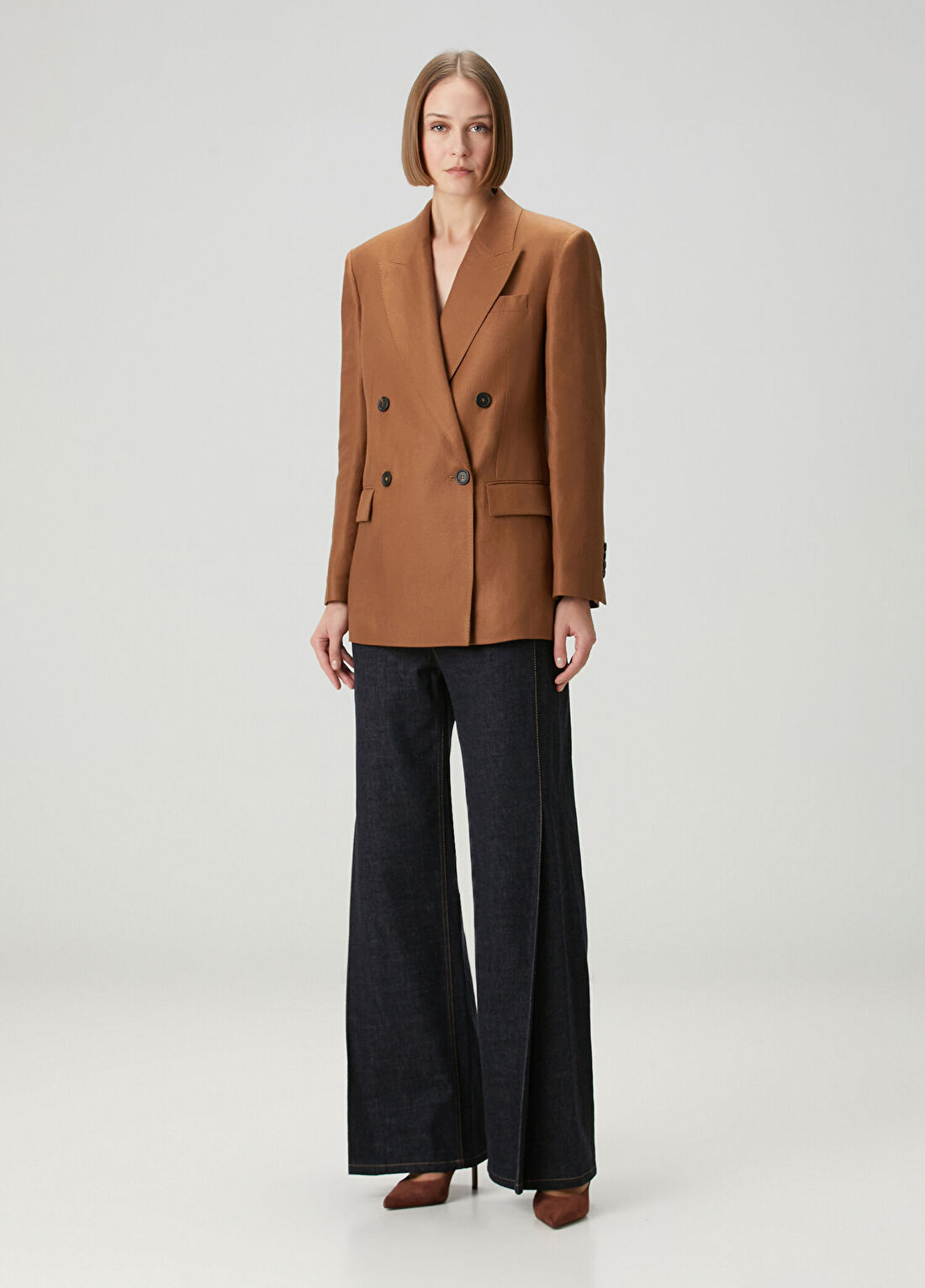 Brunello Cucinelli Taba Kruvaze Keten Ceket görsel 2