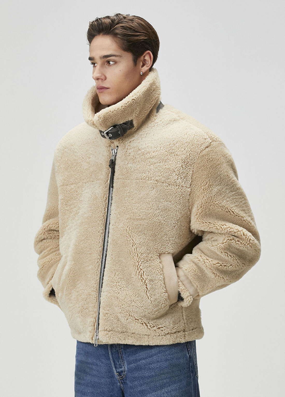 AllSaints Vernon Bej Oversized Shearling Deri Mont görsel 3