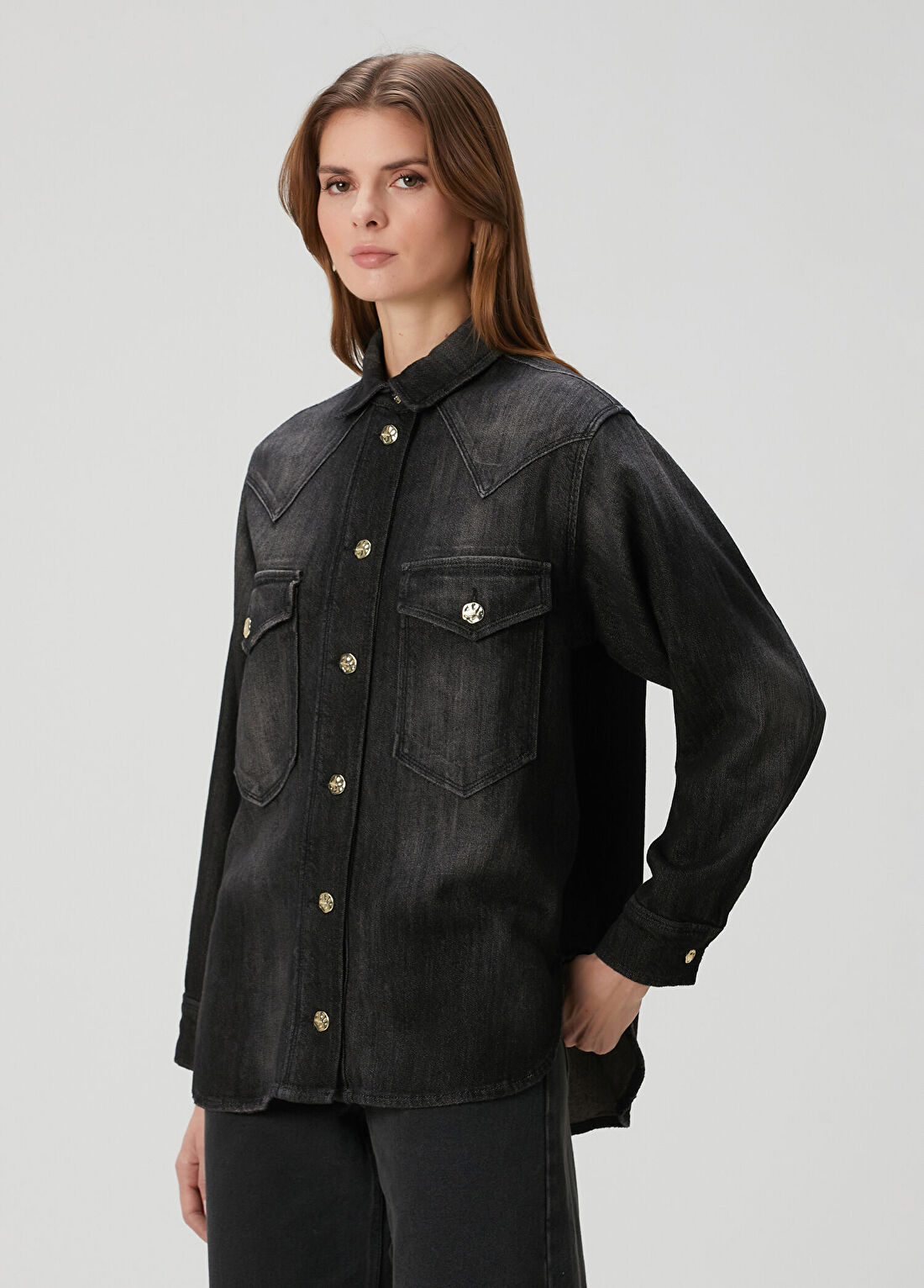 AllSaints Bryn Siyah Oversized Denim Gömlek görsel 3