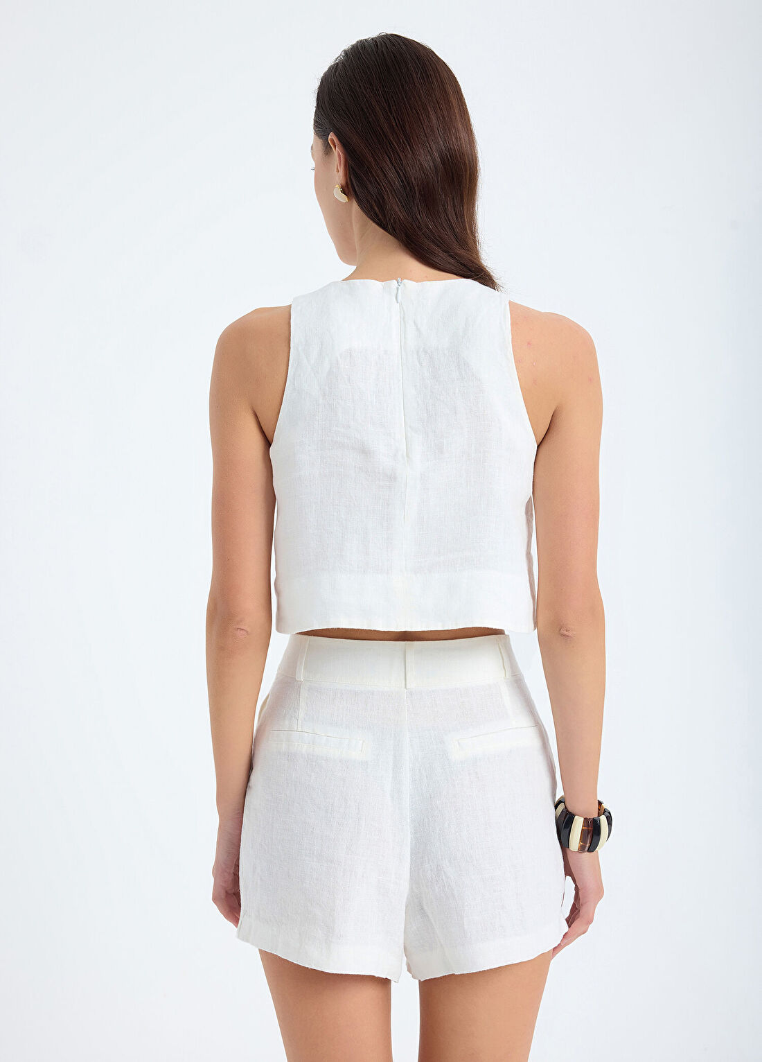 Monlicia Nora Beyaz Keten Kolsuz Relaxed Fit Kadın Crop Top Bluz görsel 3