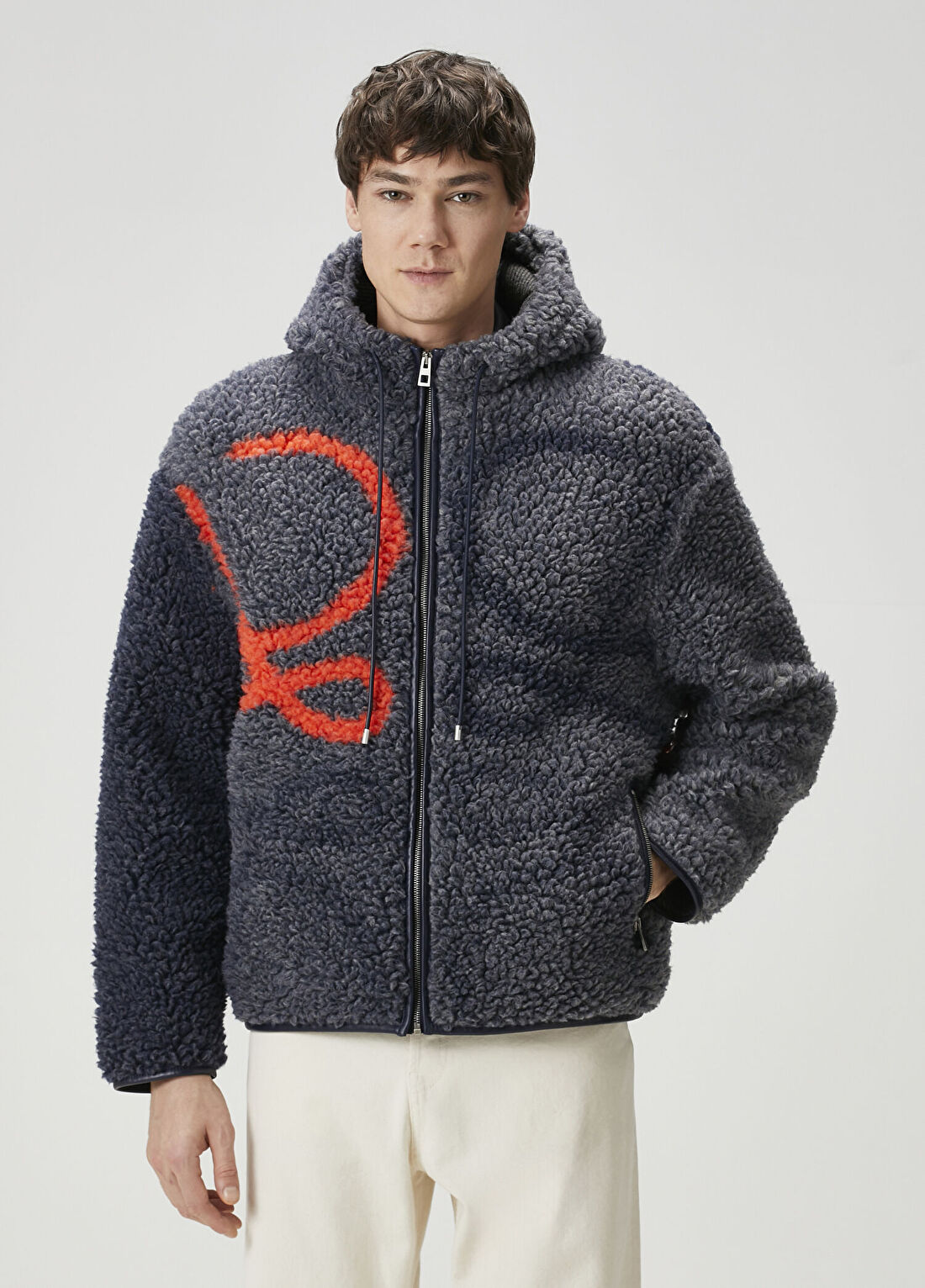 Loewe Gri Kapüşonlu Fleece Mont