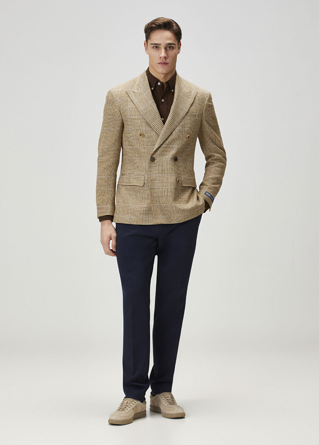 Polo Ralph Lauren Kahverengi Ekose Desenli İpek Kruvaze Blazer görsel 2