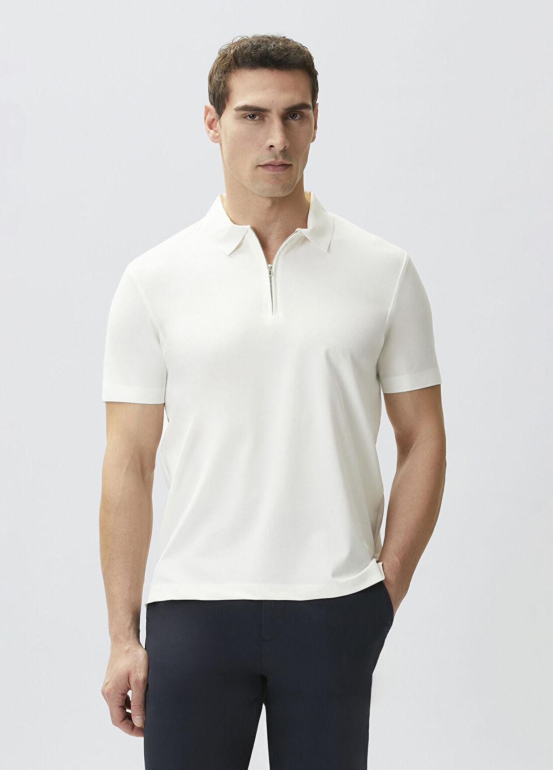 Network Beyaz Fermuarlı Cupro Modal T-shirt görsel 2