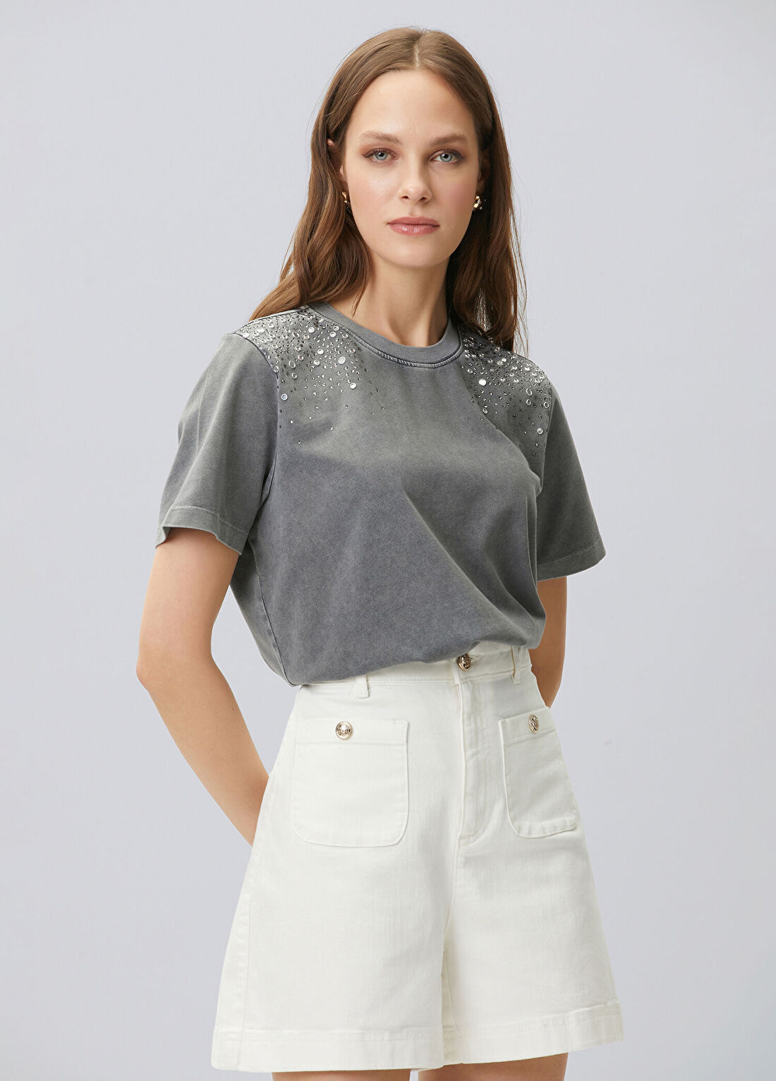 Network Antrasit Omuz Taş Baskılı T-shirt