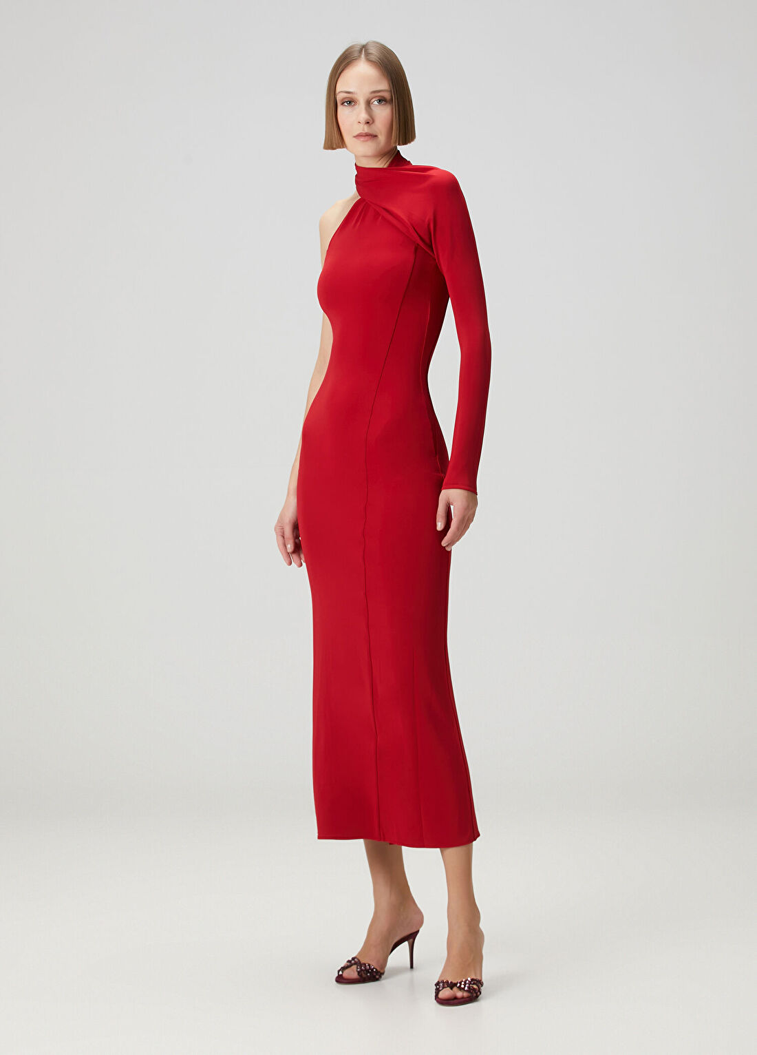 Courreges Kırmızı Tek Omuzlu Midi Krep Jersey Elbise görsel 2