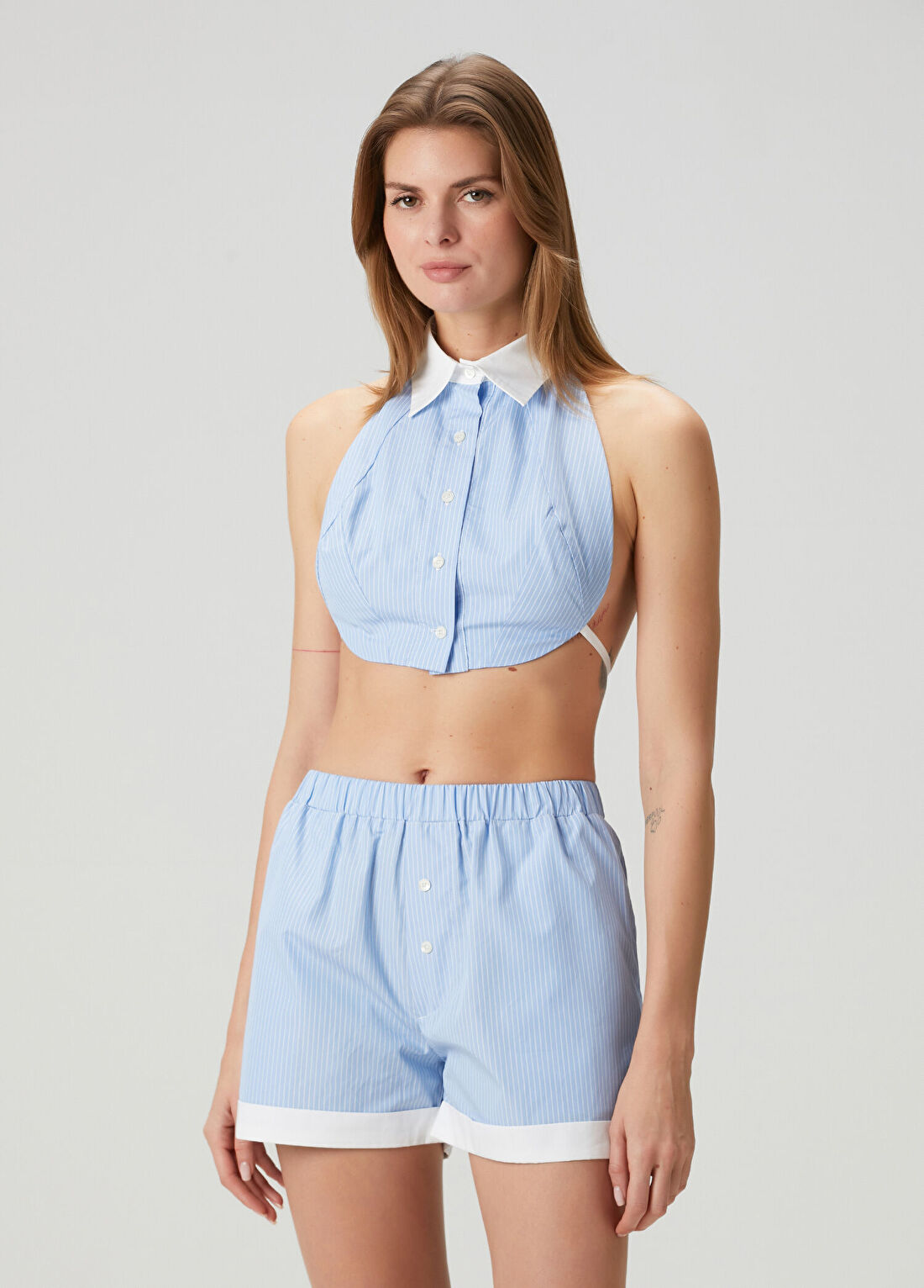 Woera Mavi Beyaz Çizgili Crop Bluz