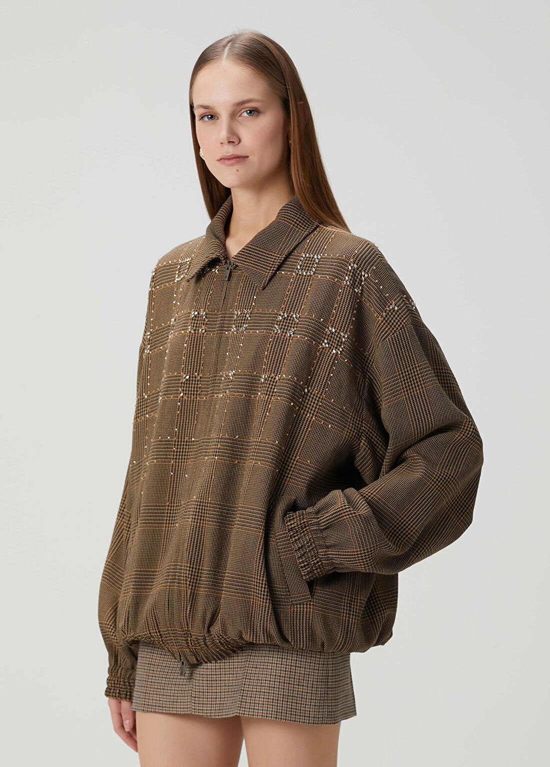Golden Goose Bej Kahverengi Ekoseli Taşlı Yün Bomber Ceket