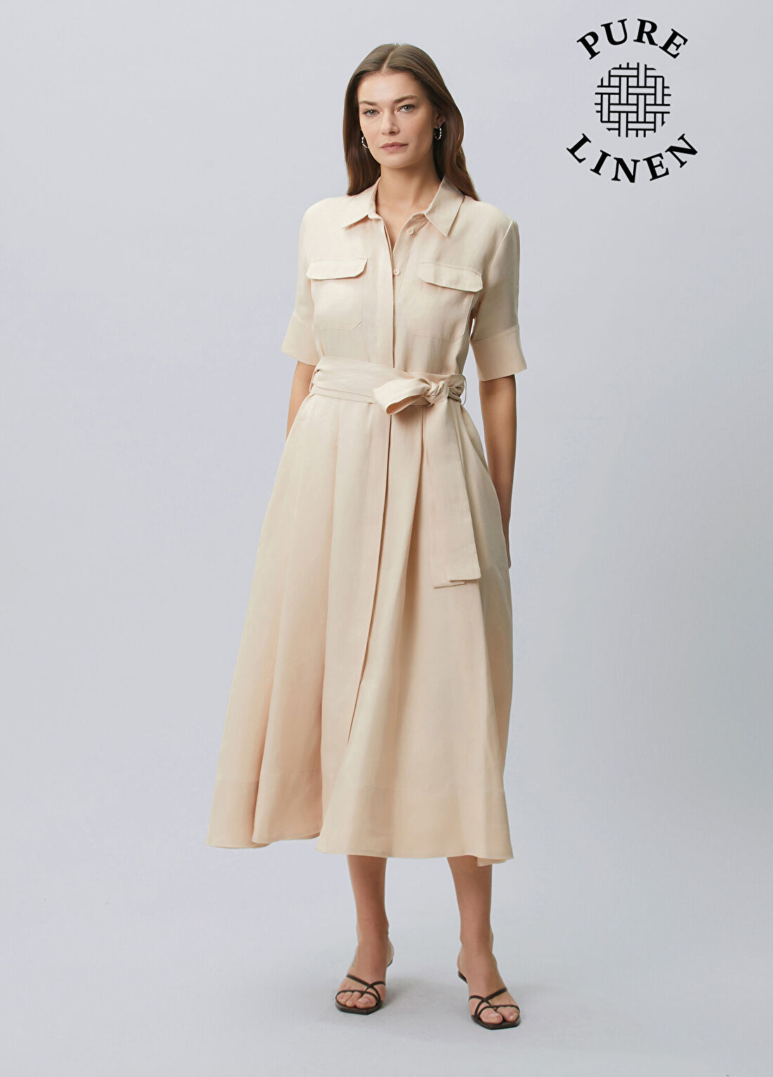 Beymen Collection Bej Beli Kuşaklı Midi Gömlek Elbise