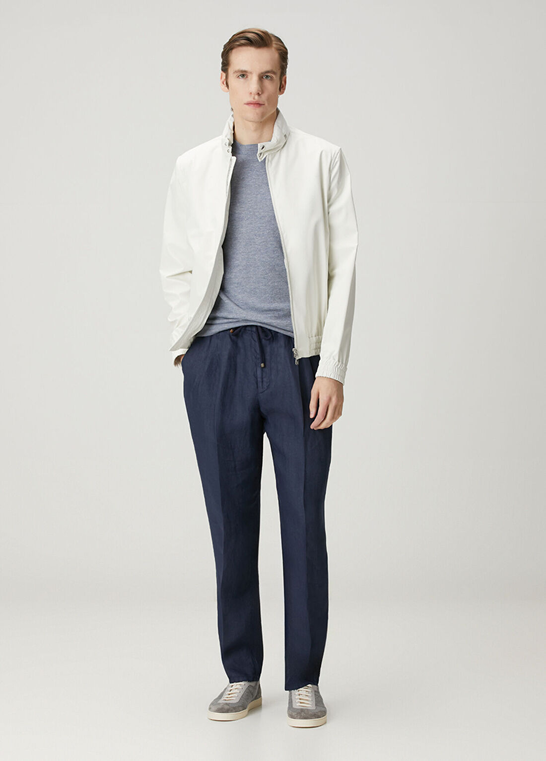 Brunello Cucinelli Lacivert Beli Kordonlu Keten Pantolon