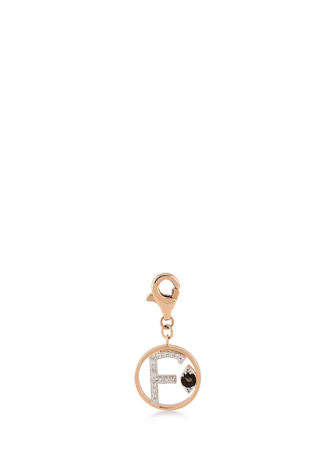 Meri Krutzo Mini “F” Harfli Charm Pırlanta Smokey Topaz Taşlı 14 Ayar Pembe Altın