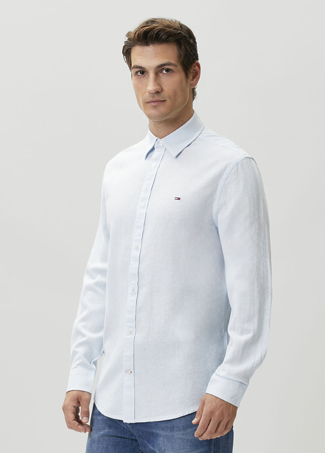 Tommy Jeans Regular Fit Mavi Keten Gömlek görsel 3