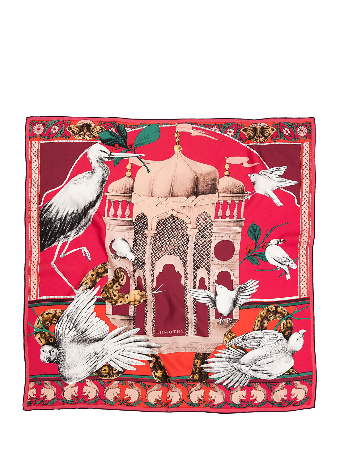 Lumoths Miniature Palace Kuşlar ve Köşk Fuşya İpek Twill Kadın Fular 53 cm