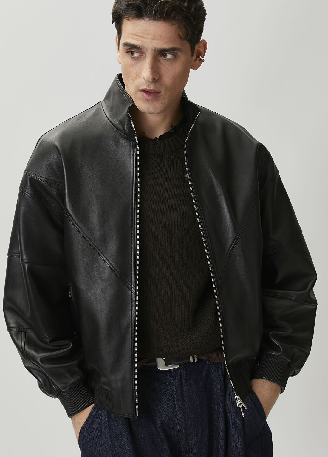 Academia Oversize Siyah Deri Bomber Ceket