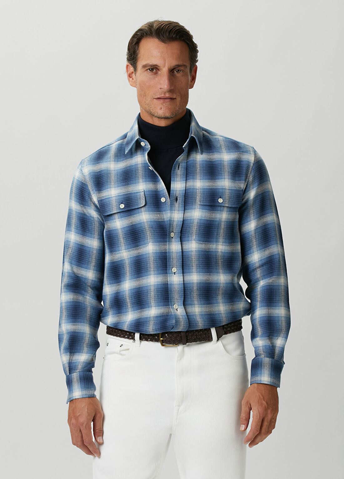 Ralph Lauren Purple Label Lacivert Beyaz Ekose Desenli Gömlek
