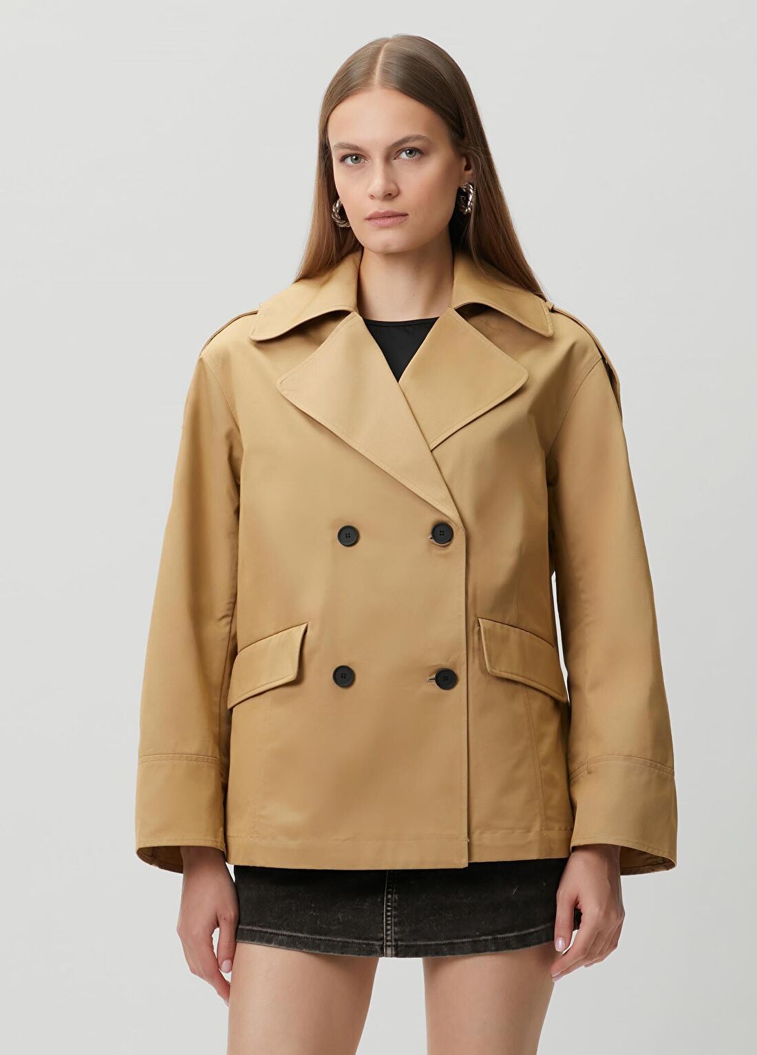 AllSaints Connie Relaxed Fit Açık Kahve Kruvaze Pardösü görsel 3