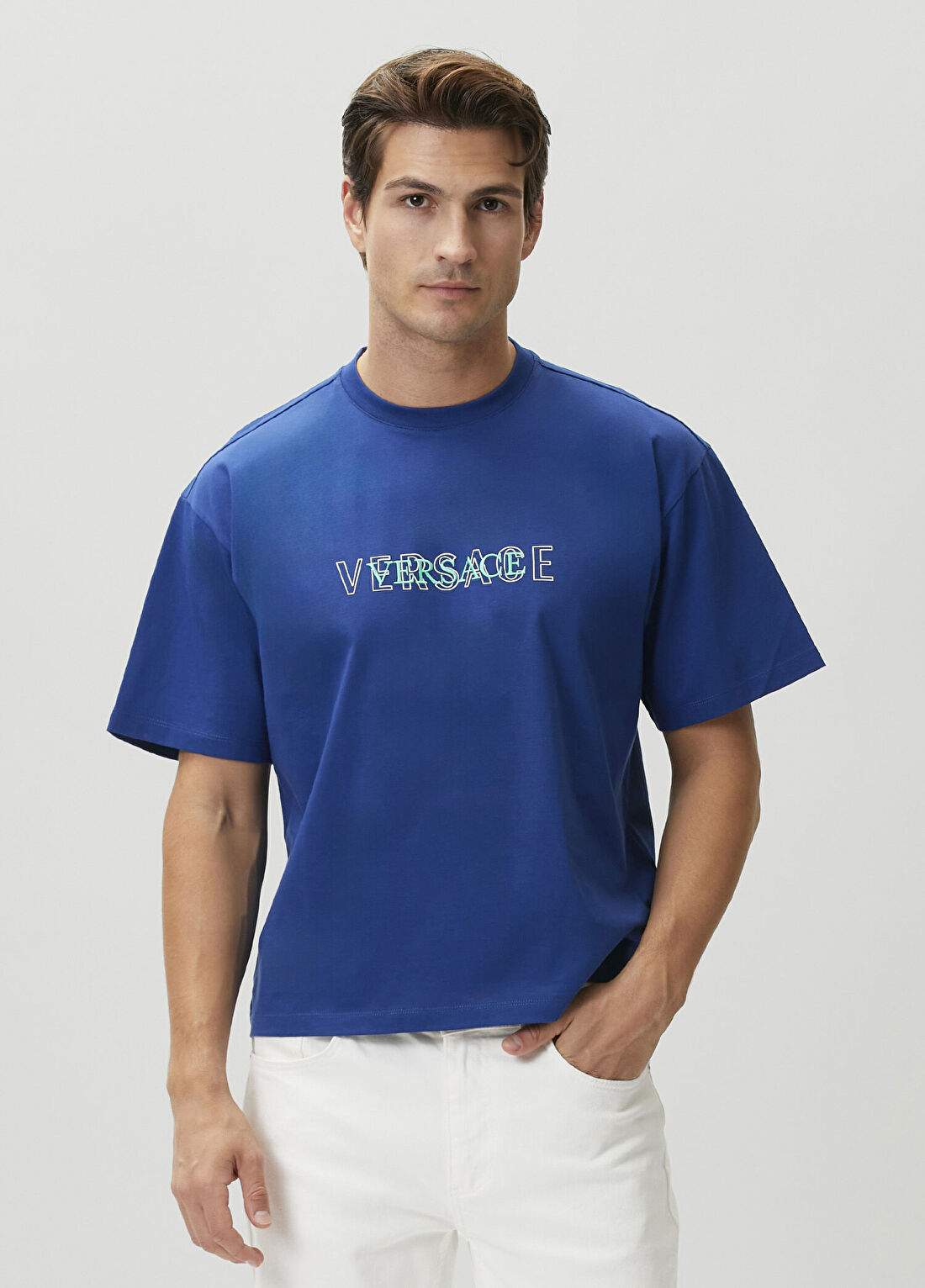 Versace Mavi Logo Nakışlı T-shirt
