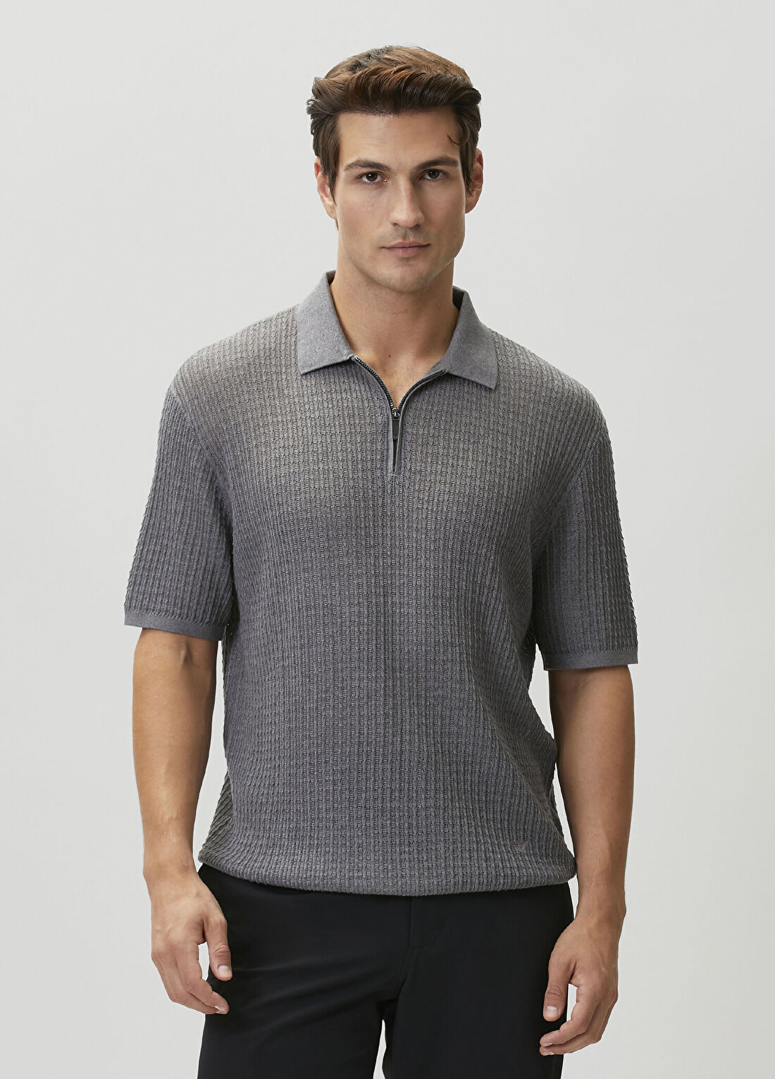 Emporio Armani Gri Polo Yaka Jakarlı Kısa Kollu Triko
