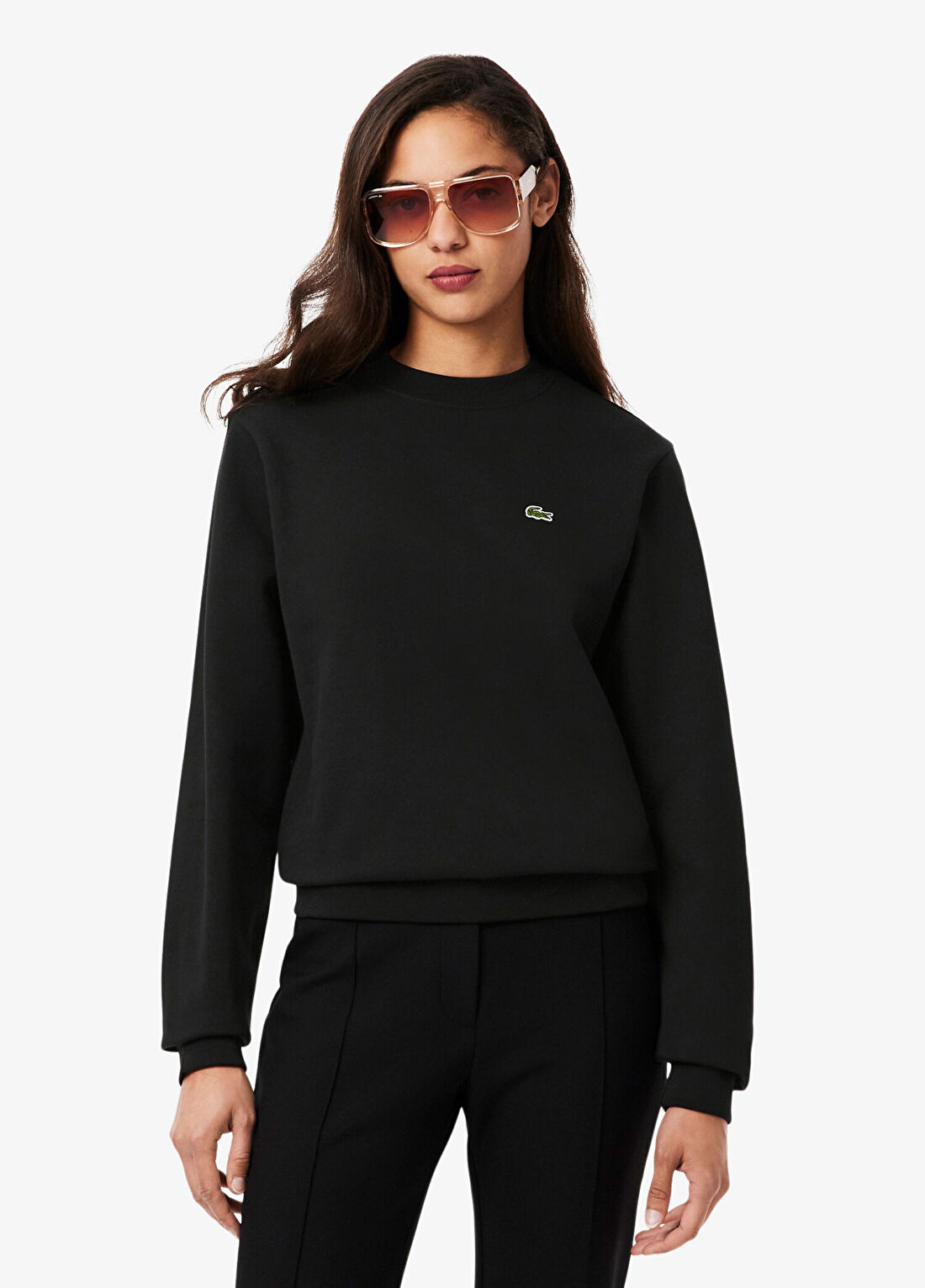 Lacoste Siyah Pamuklu Relaxed Fit Bisiklet Yaka Kadın Sweatshirt