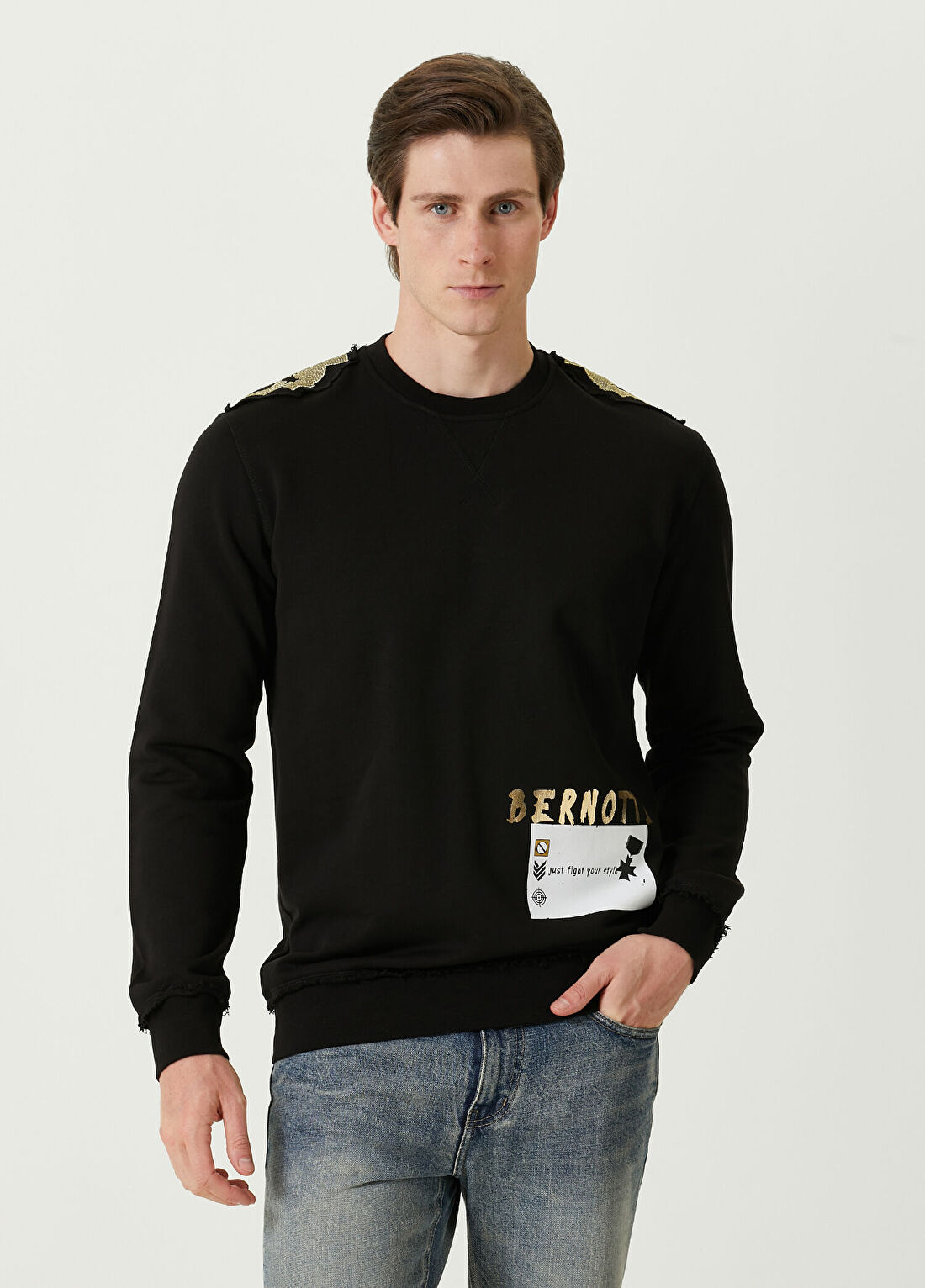 Bernotti Siyah Apoletli Logo Detaylı Sweatshirt