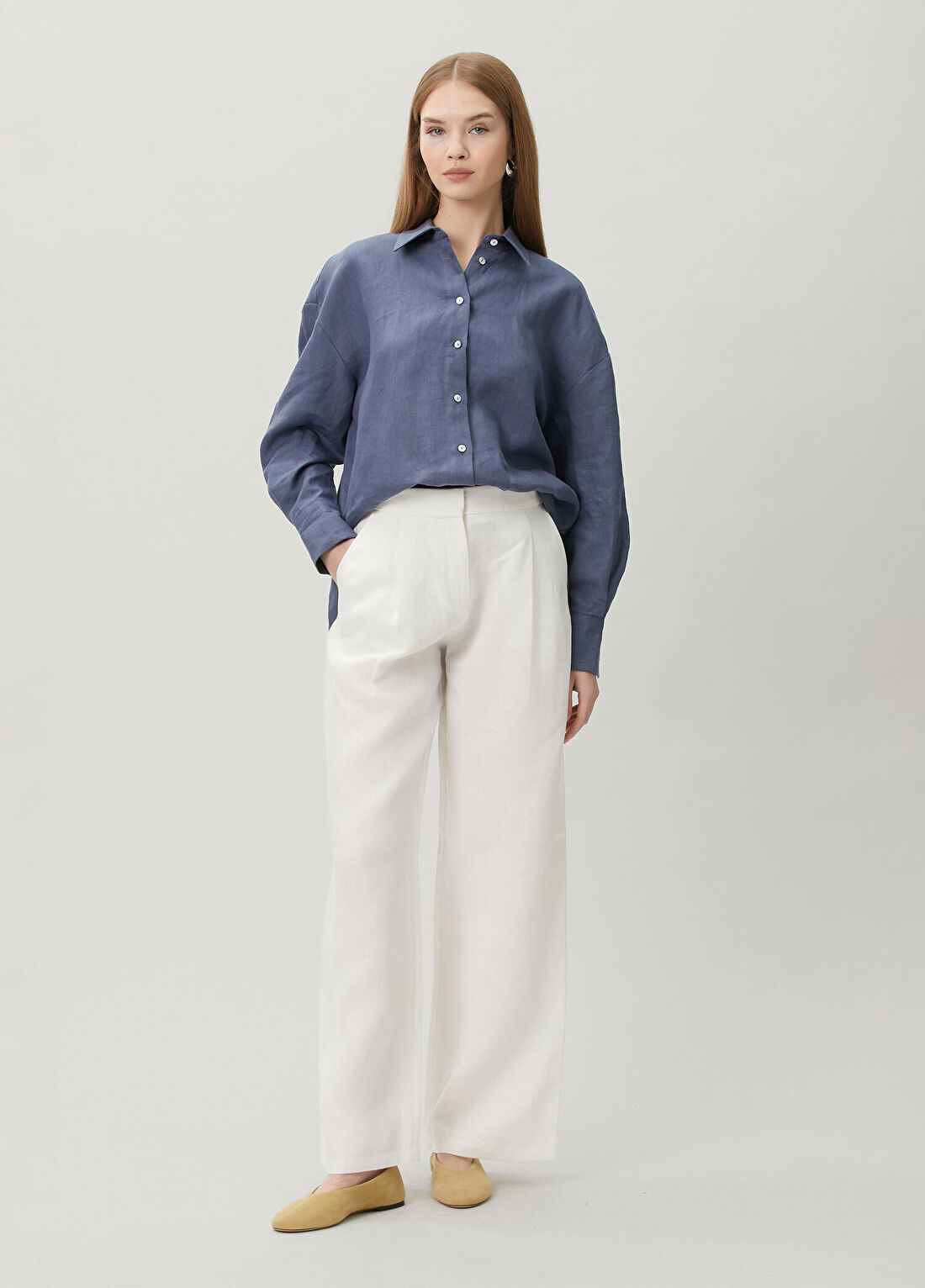 Dor Raw Luxury Ripple Ekru Keten Pantolon görsel 3