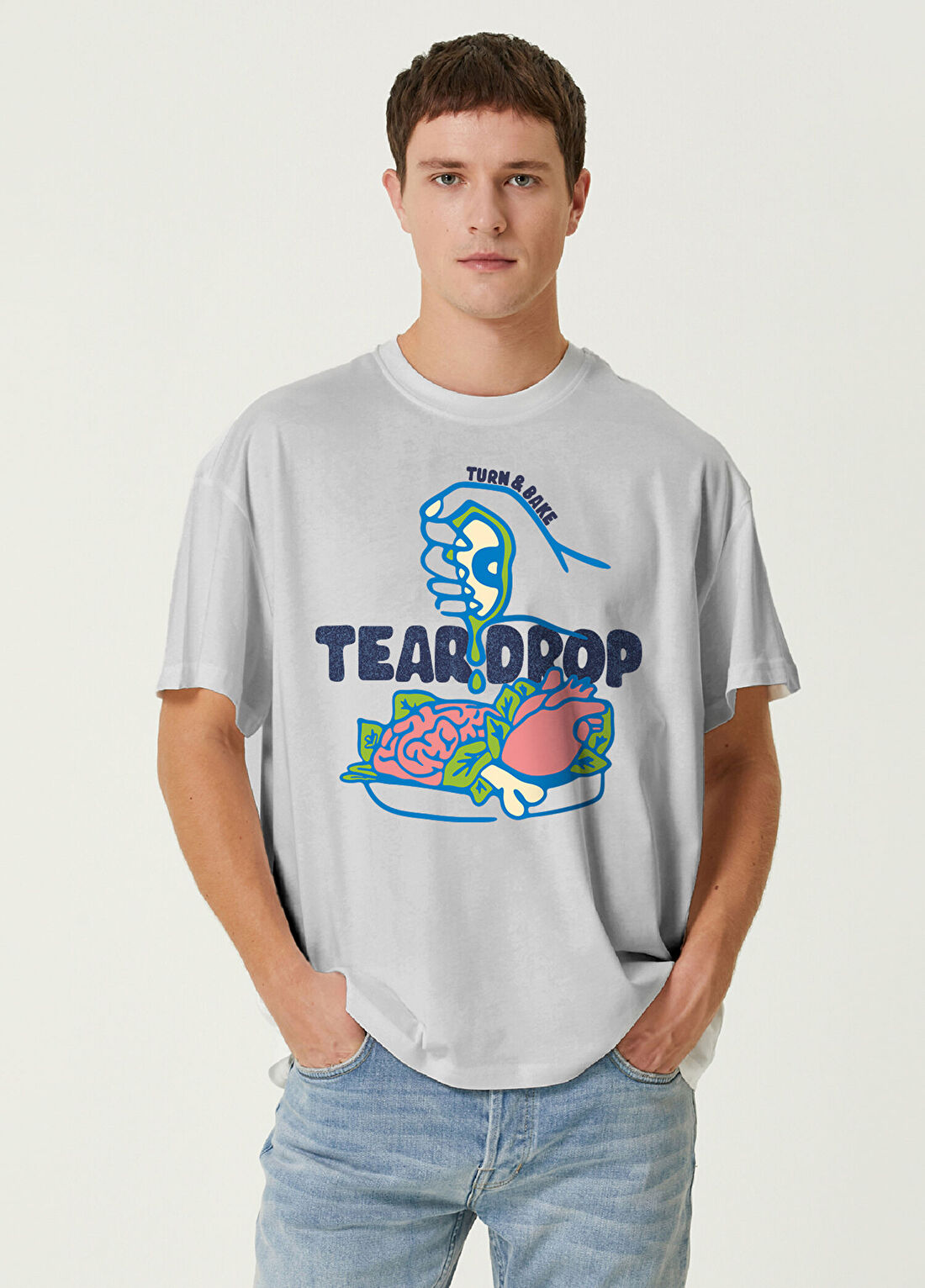 Turn & Bake Teardrop Baskılı Gri Kısa Kollu Erkek T-Shirt