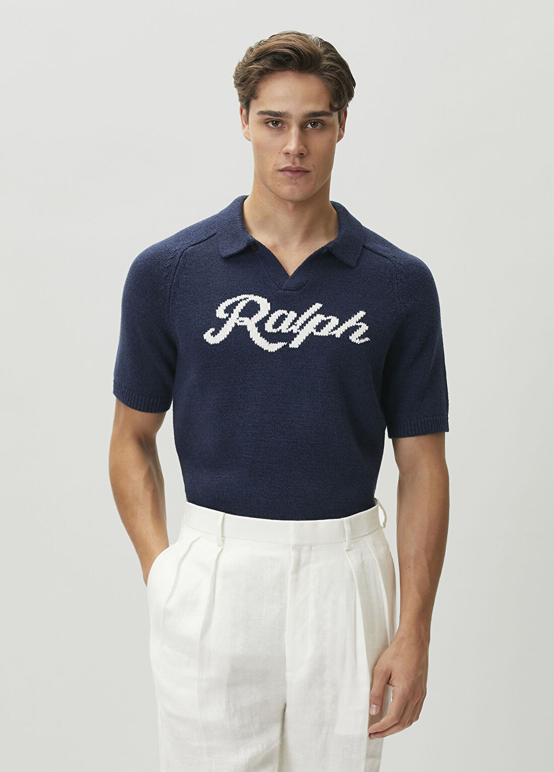 Polo Ralph Lauren Mavi Logo Jakarlı Kısa Kollu Keten Triko