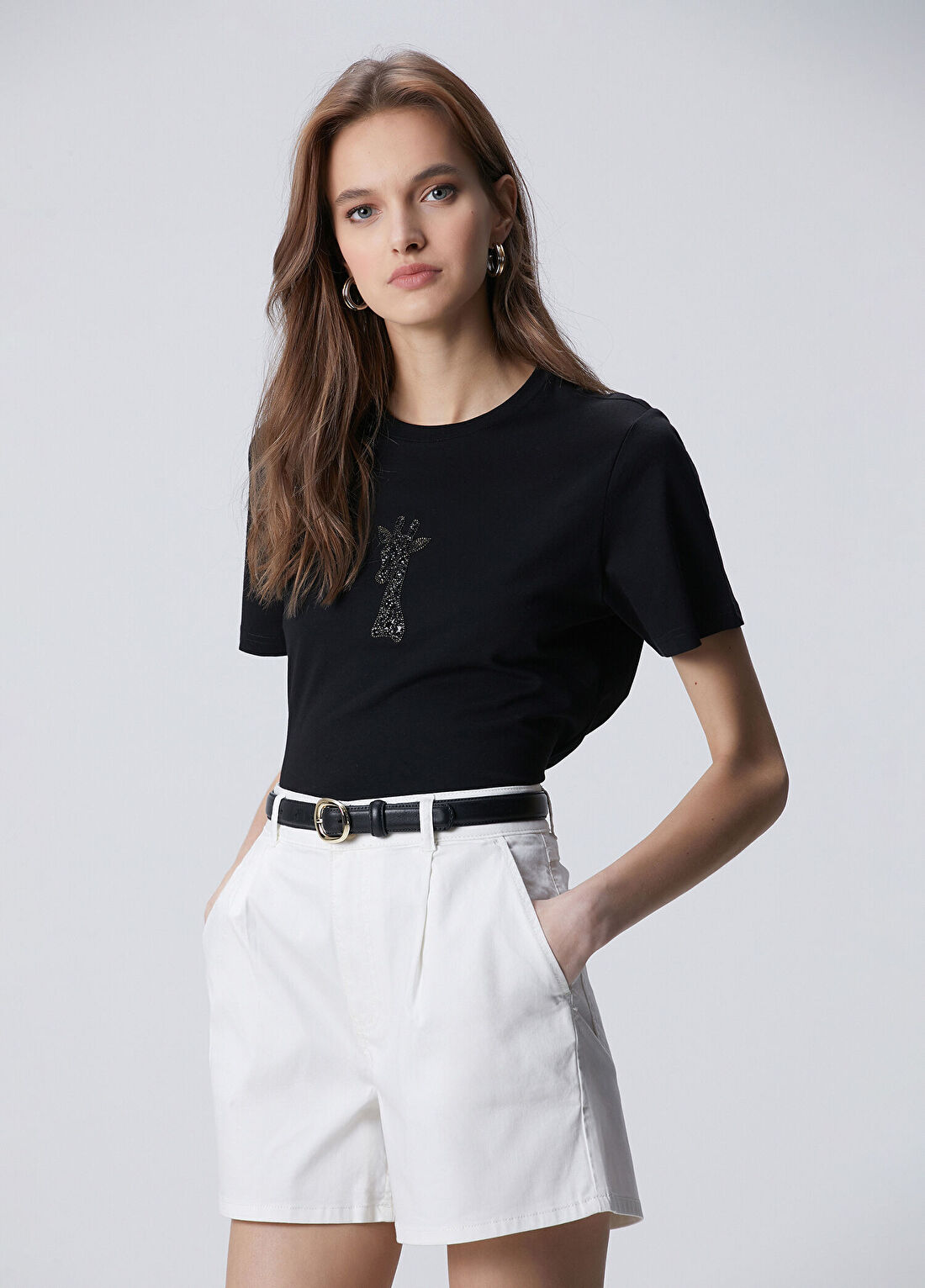 Network Siyah Taşlı Zürafa Figürlü T-shirt