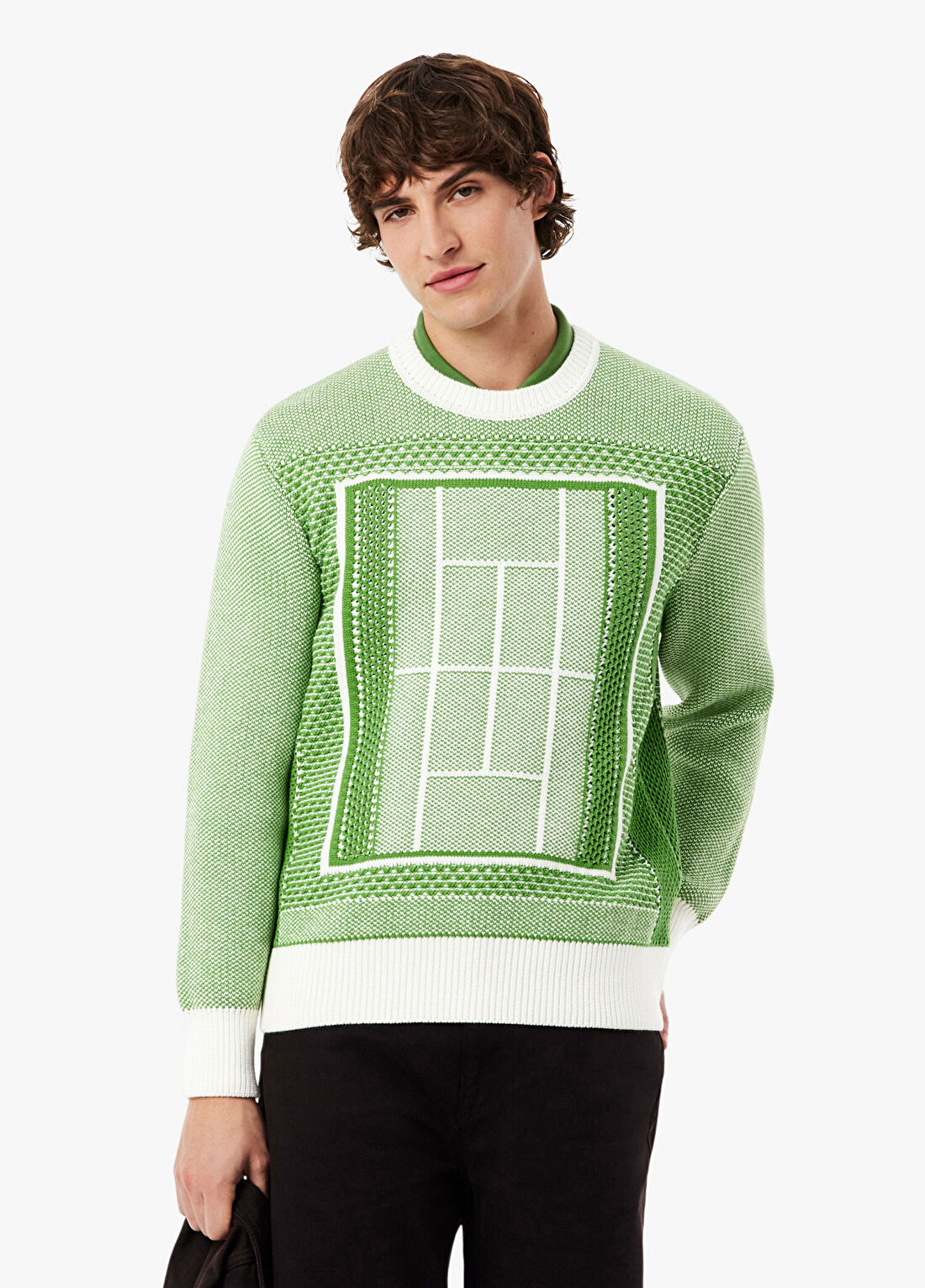 Lacoste Yeşil Desenli Classic Fit Bisiklet Yaka Uzun Kollu Erkek Kazak