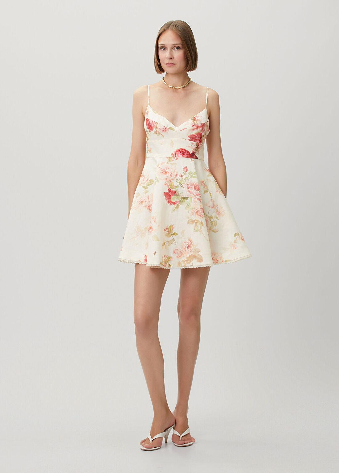Zimmermann Roselight Krem Çiçekli Mini Keten Kokteyl Elbise