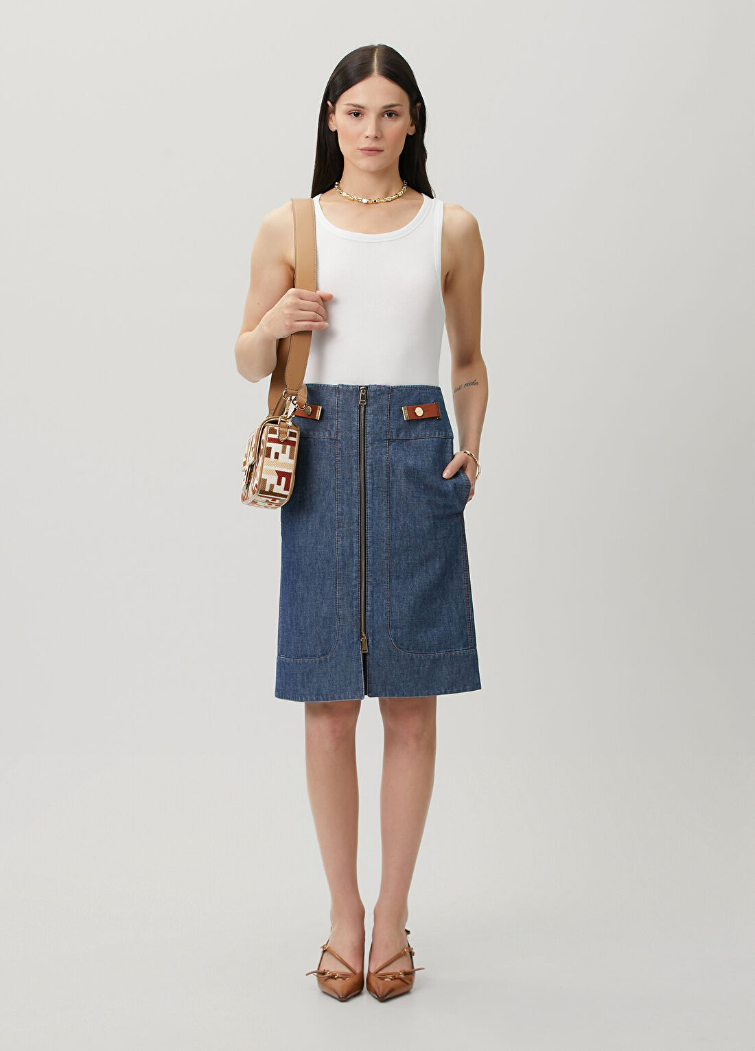 Fendi Lacivert Midi Denim Etek