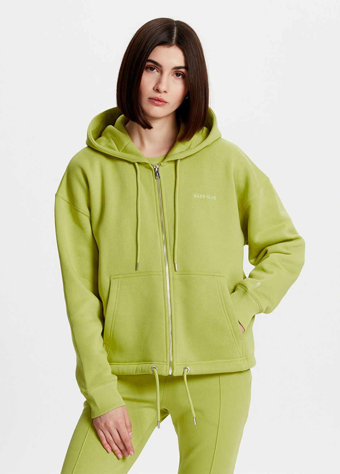 Bassigue Yeşil Fermuarlı Kapüşonlu Kadın Sweatshirt